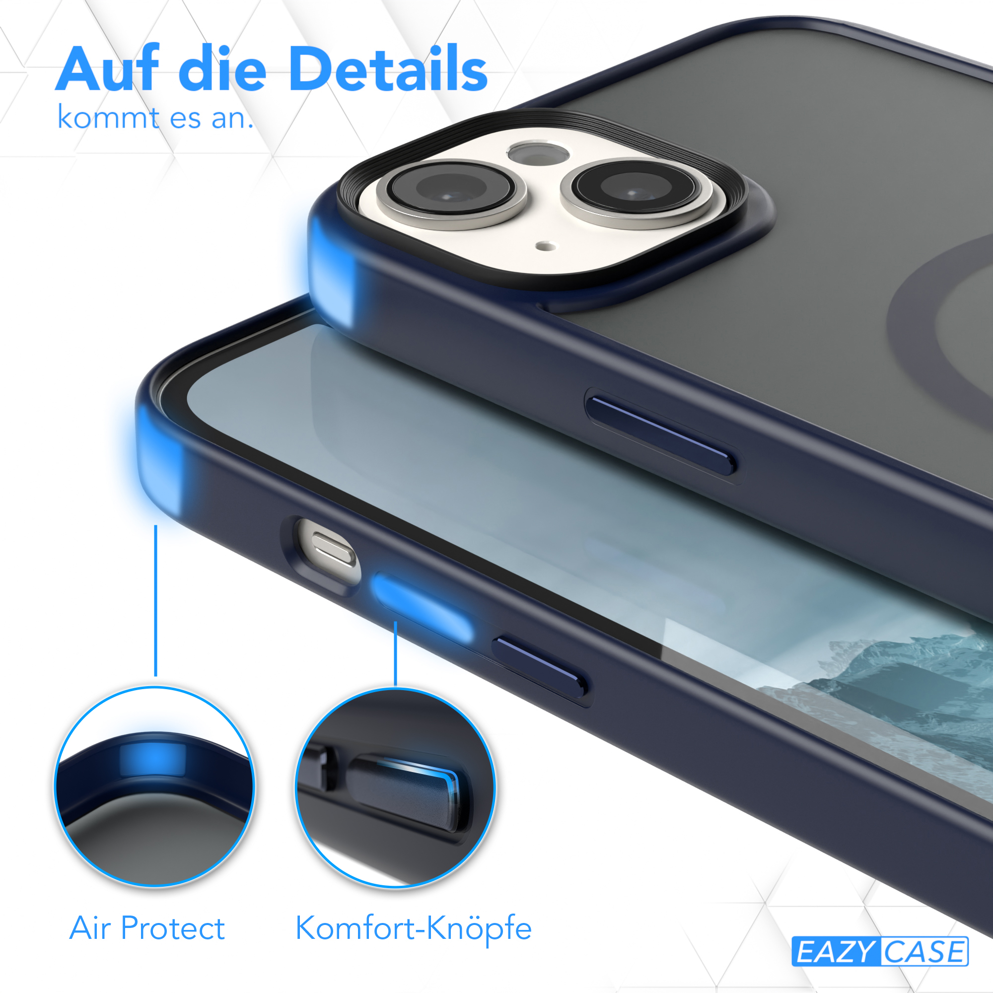 Nahaufnahme einer dunkelblauen Handyhülle, die Tasten und Kameraschutzdetails zeigt, mit grafischem Text.