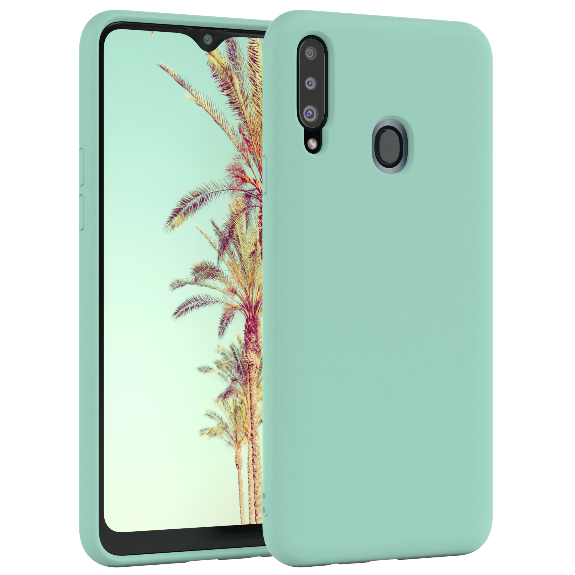 Grüne Handyhülle mit Telefon. Palmen auf dem Bildschirm. Mintgrüne Hülle. Weißer Hintergrund.