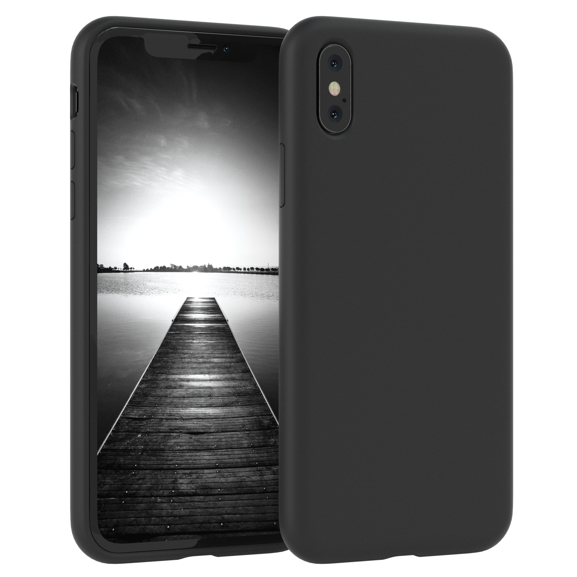 Schwarze Handyhülle mit einem Telefon, das ein Schwarz-Weiß-Bild auf dem Bildschirm zeigt. Weißer Hintergrund.