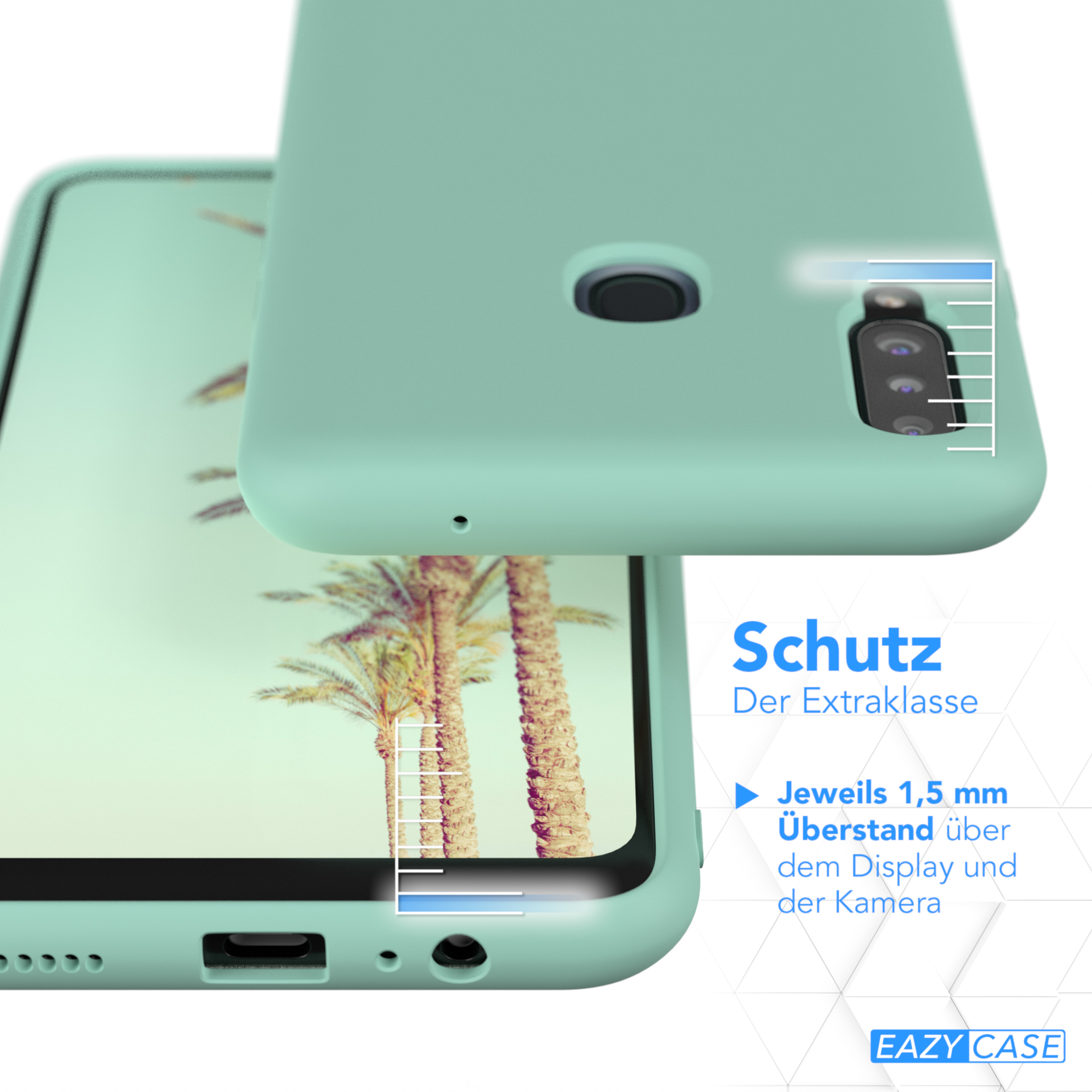 Grüne Handyhülle und Telefon. Hülle und Telefon sind nah beieinander. Weißer Hintergrund.