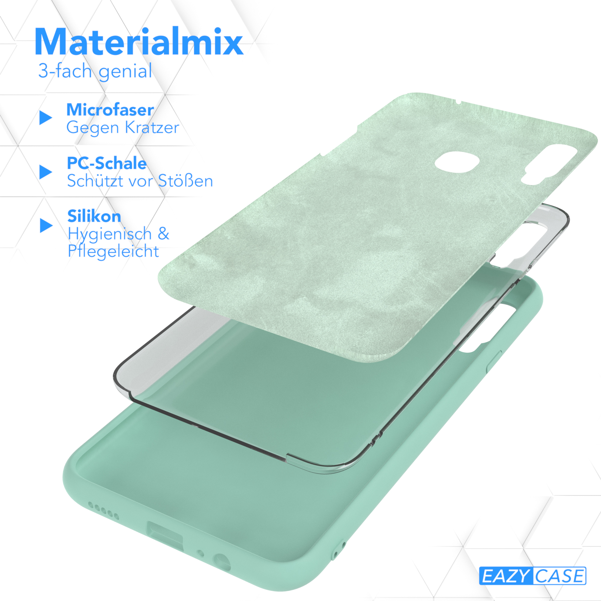 Handyhülle, Schichten: Mikrofaser, PC-Schale und Silikon. Farben: blau und grün.