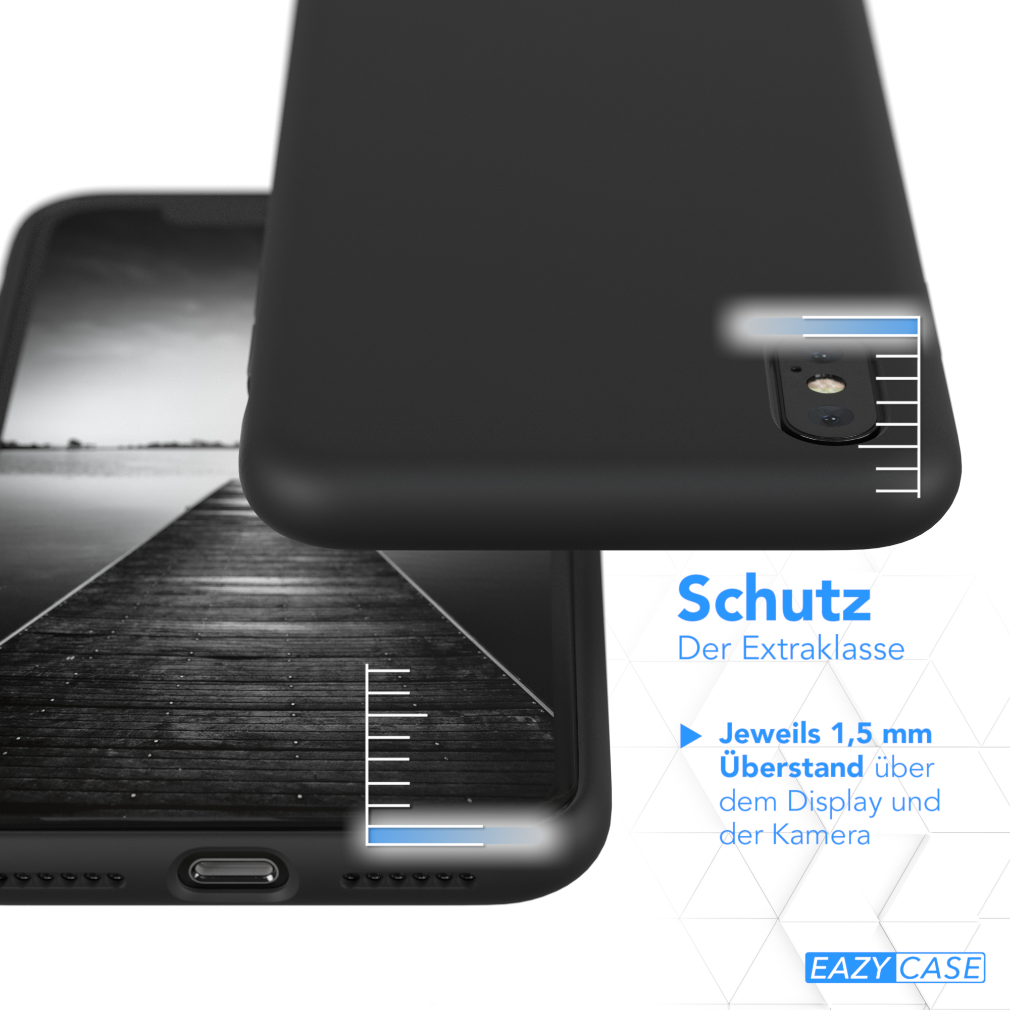 Schwarze Handyhülle auf Telefon. Text hebt 1,5 mm über Display und Kamera hervor.