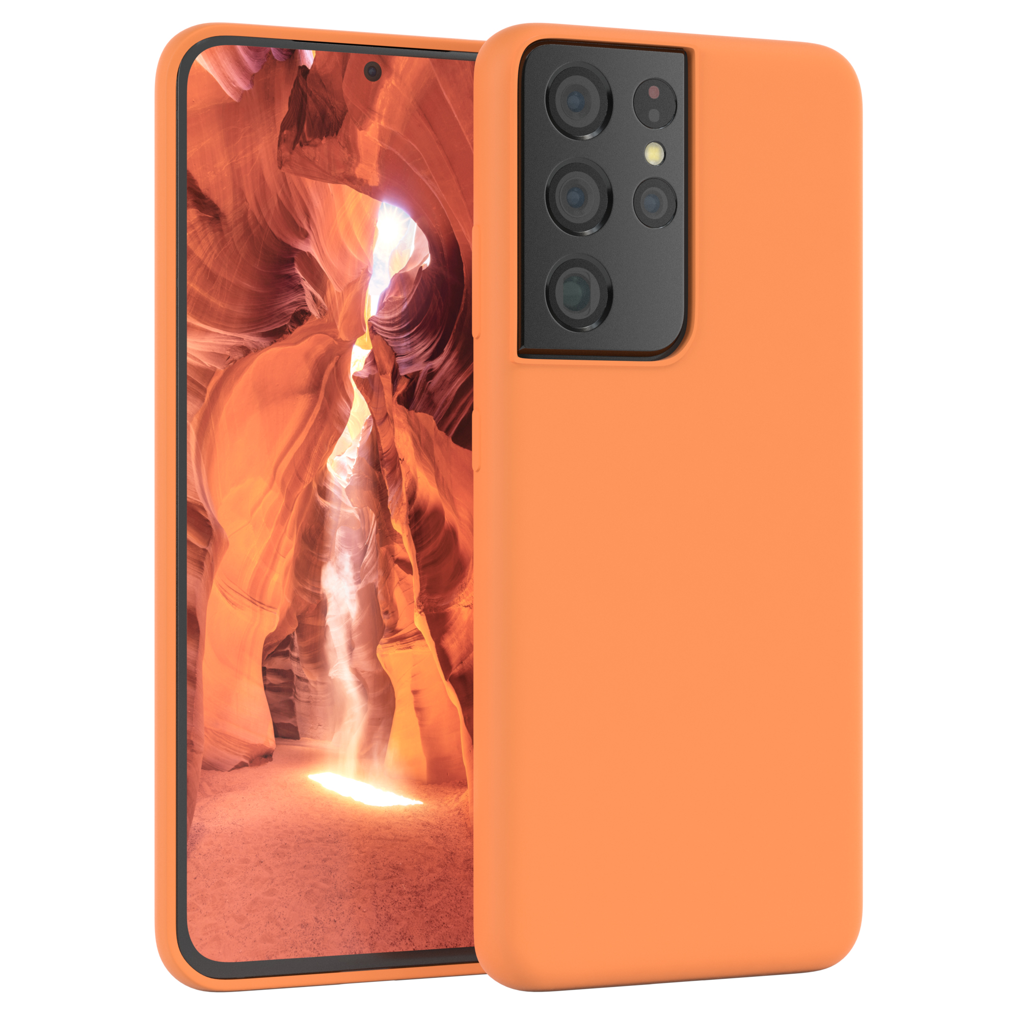 Orange Handyhülle mit Schluchtlandschaft auf dem Telefonbildschirm im Hintergrund.