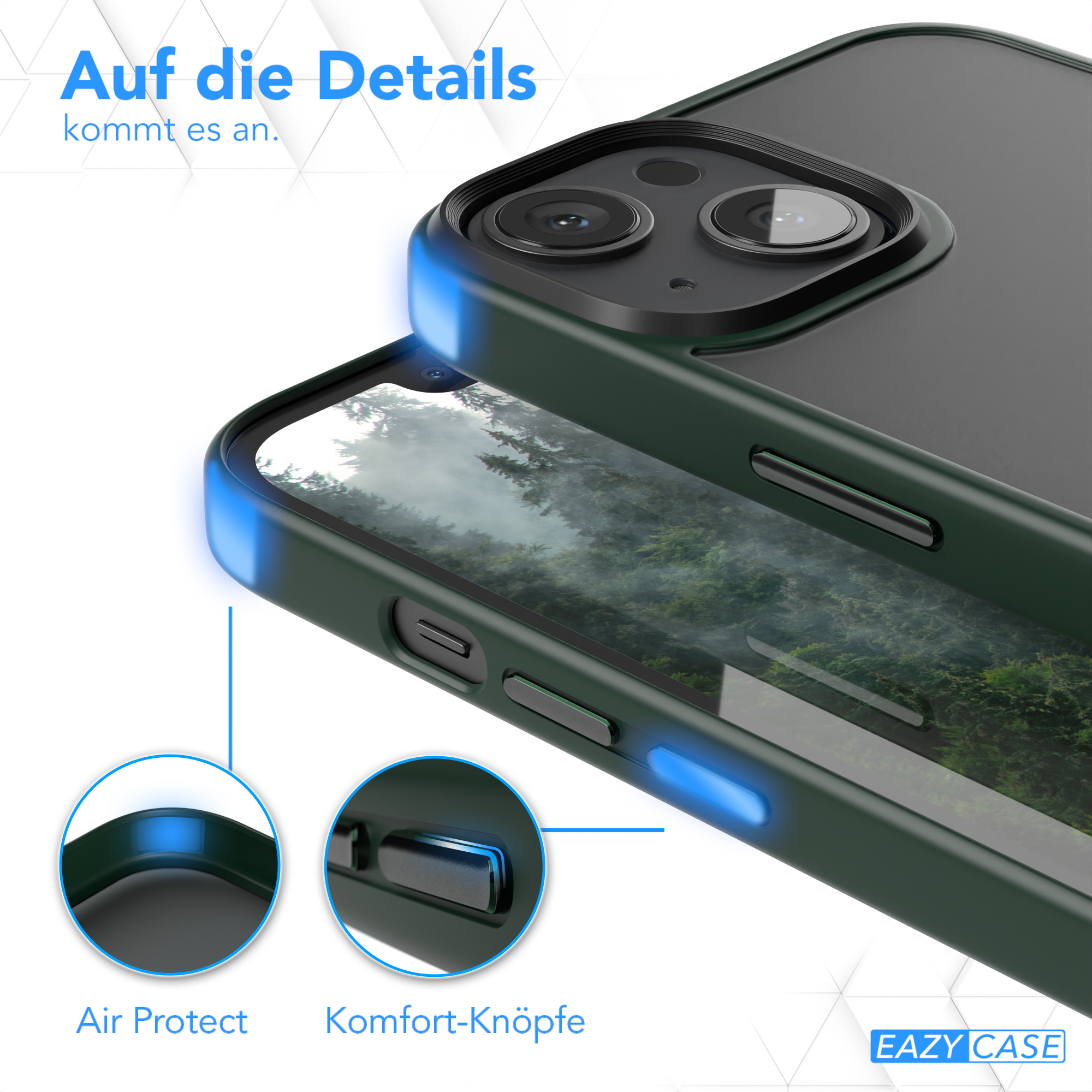Nahaufnahme einer Handyhülle mit Details zu Knöpfen und Schutzfunktionen, grüne Farbe.