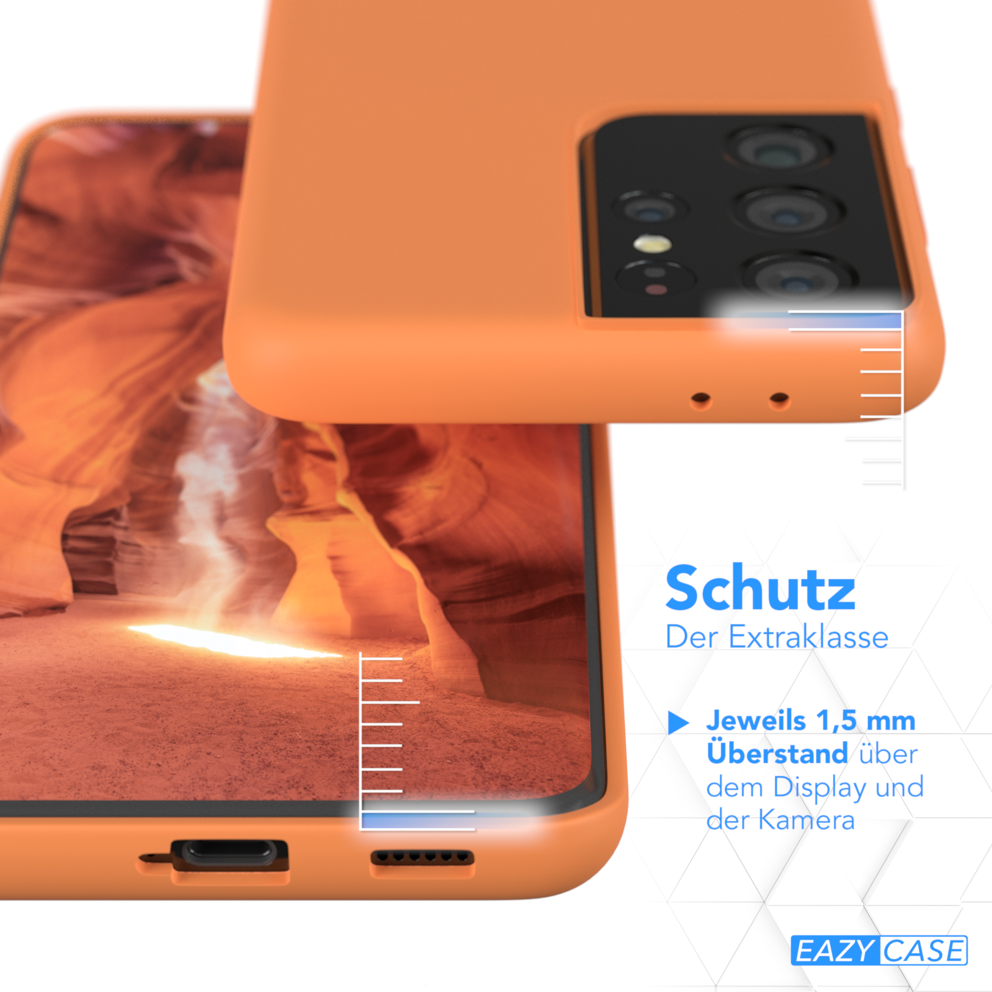 Orange Handyhülle mit Kameraschutzdetail, zeigt die erhöhte Kante.