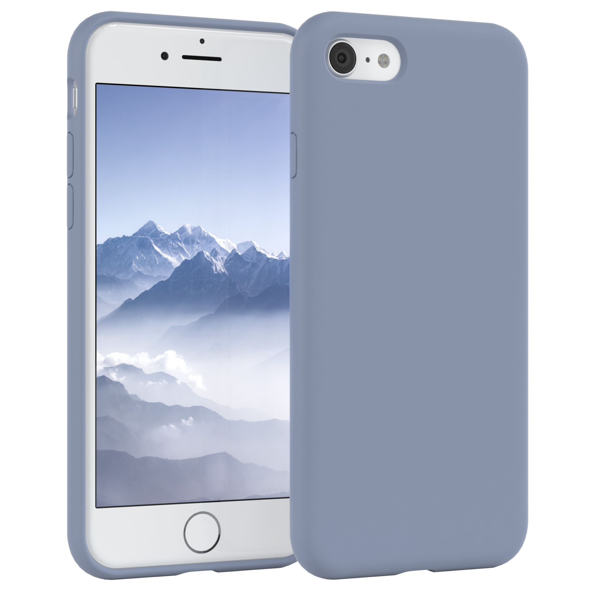 Ein Smartphone in hellblauer Hülle, mit einer Berglandschaft auf dem Bildschirm.