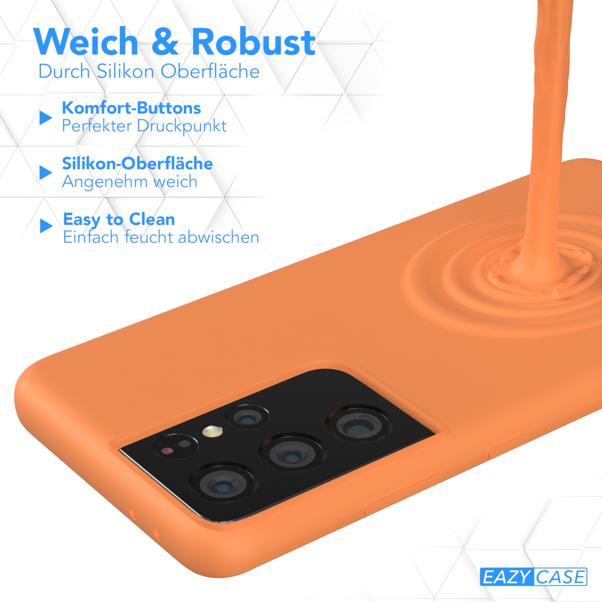 Orangefarbene Handyhülle mit Flüssigkeitsdesign. Text: Weich & Robust, Silikonoberfläche, leicht zu reinigen. Eazy Case Logo.