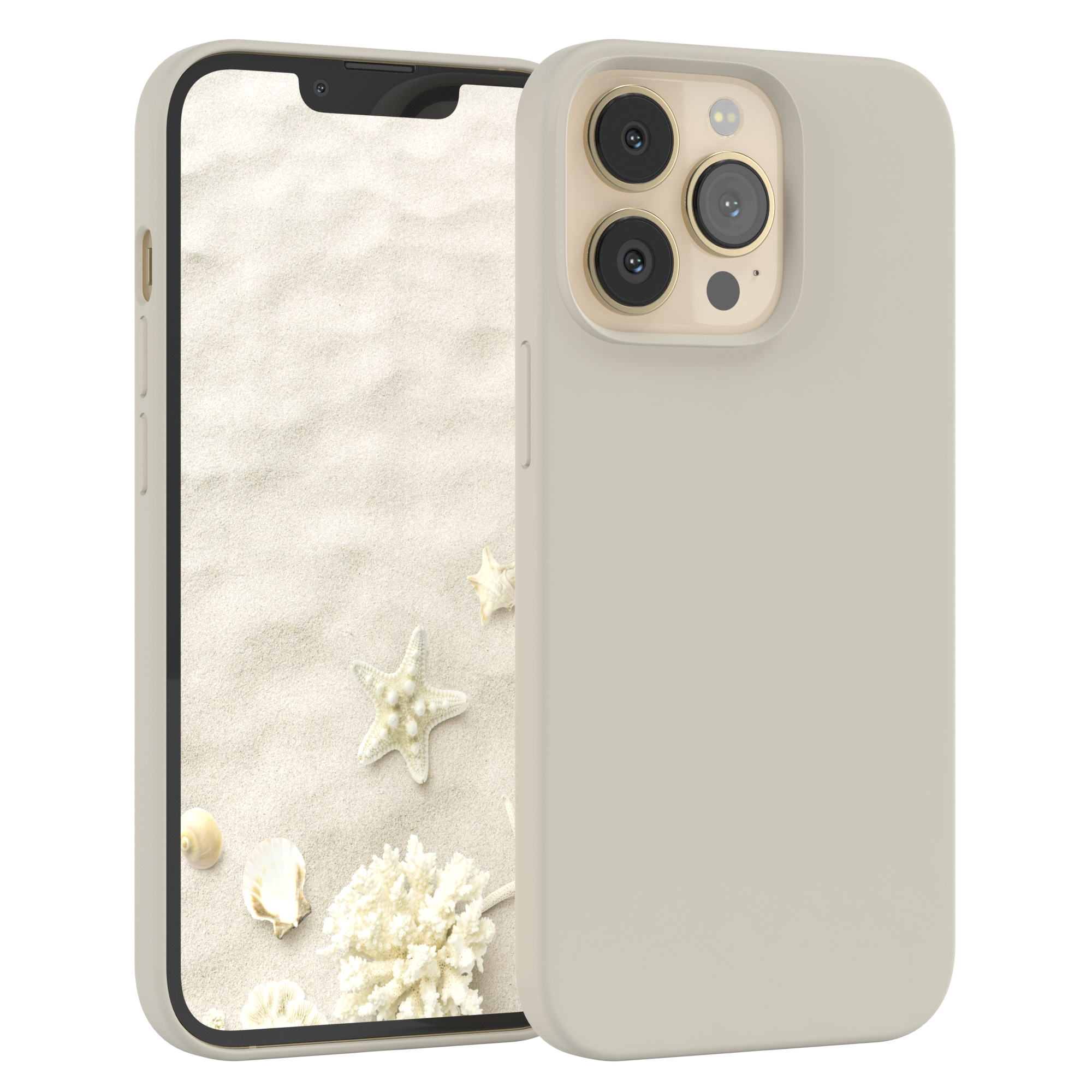 Beige Handyhülle mit Sandhintergrund, Muscheln und einem Telefon, das eine Strandszene zeigt.