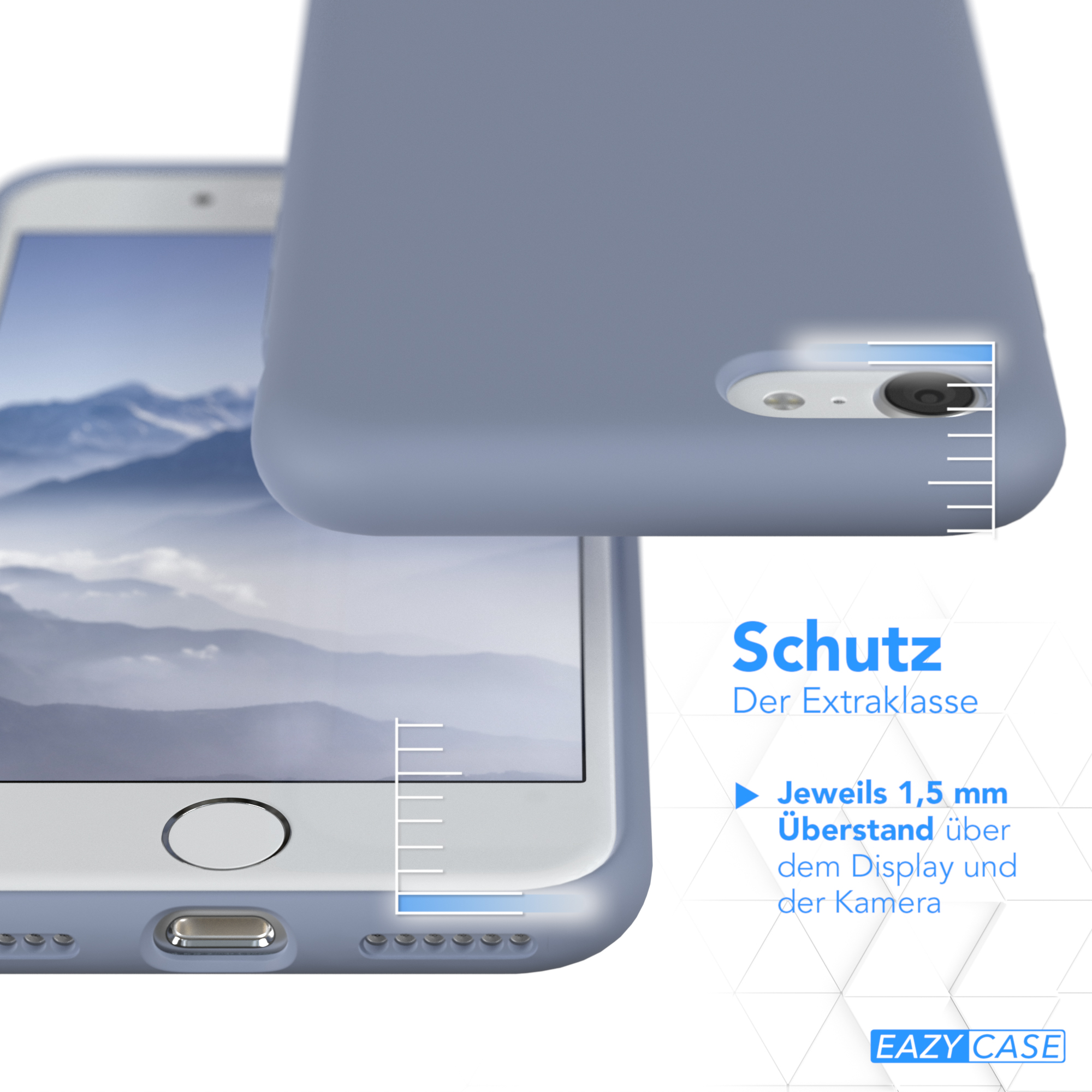 Eine blaue Handyhülle mit dem Telefon darin, die den Abstand zwischen Display und Kamera zeigt.