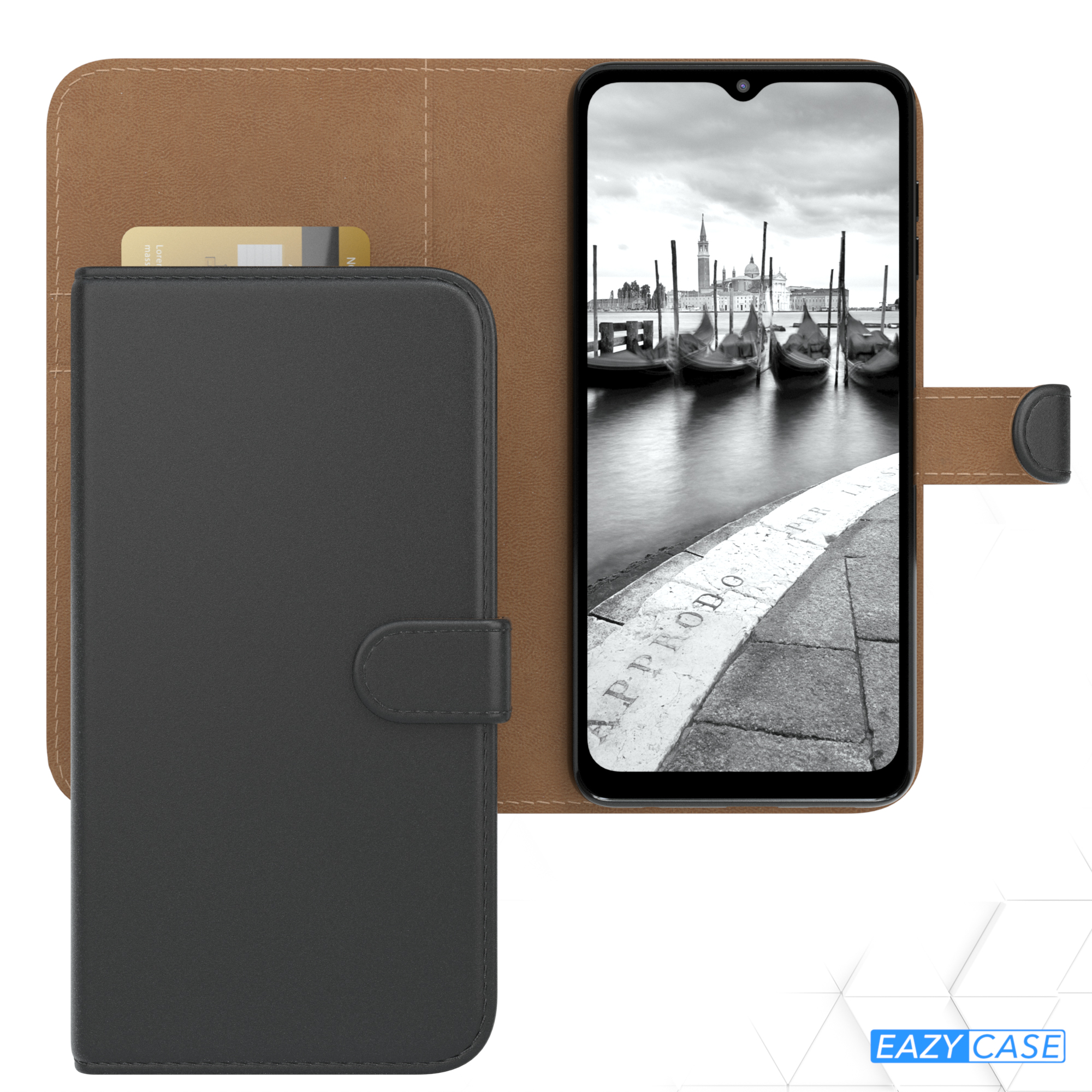 Schwarze Handyhülle mit einem Telefon, das ein Schwarzweißbild von Venedig zeigt.