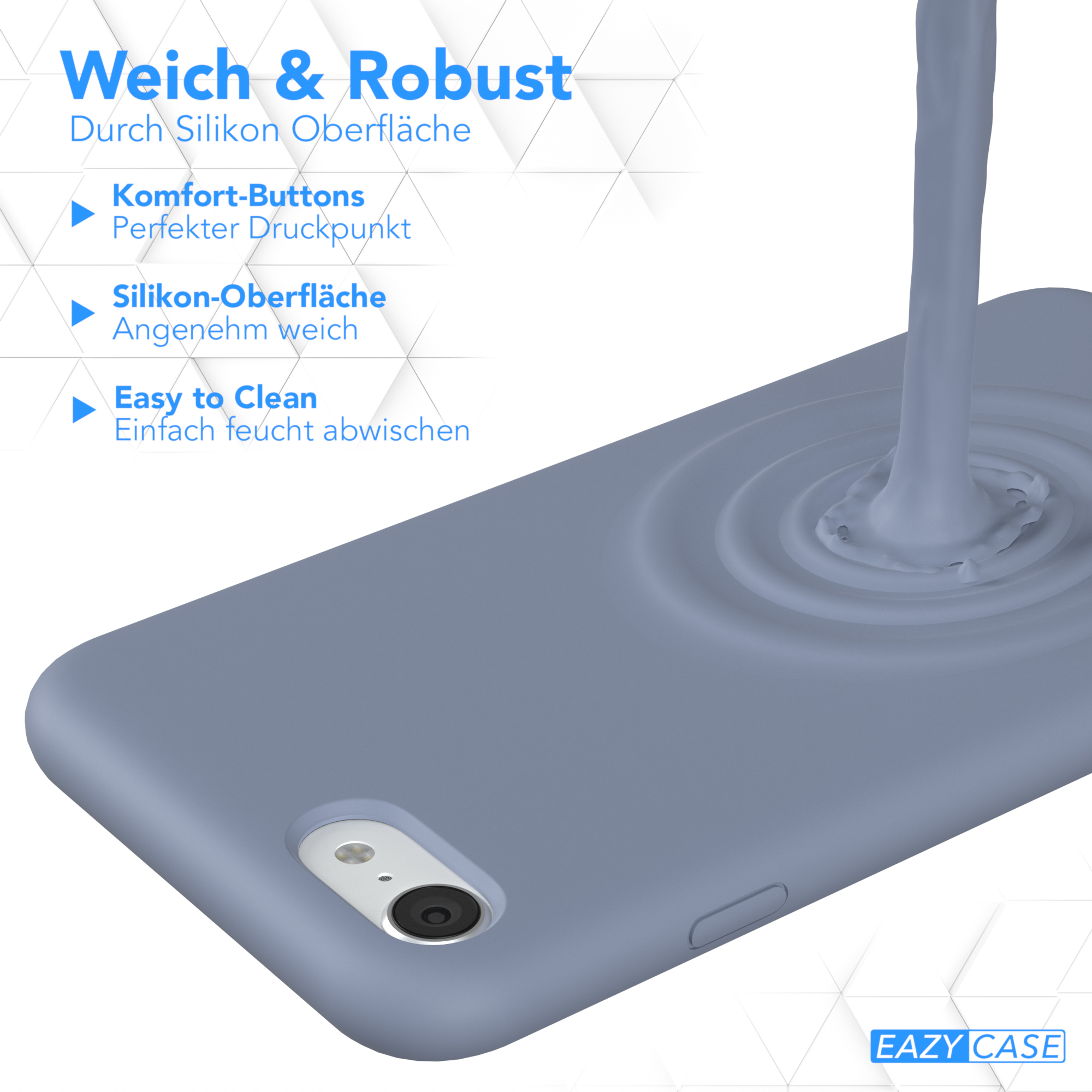 Eine Handyhülle wird gezeigt. Eine Welle aus blauer Flüssigkeit ergießt sich über die Hülle. Das Telefon ist darin.