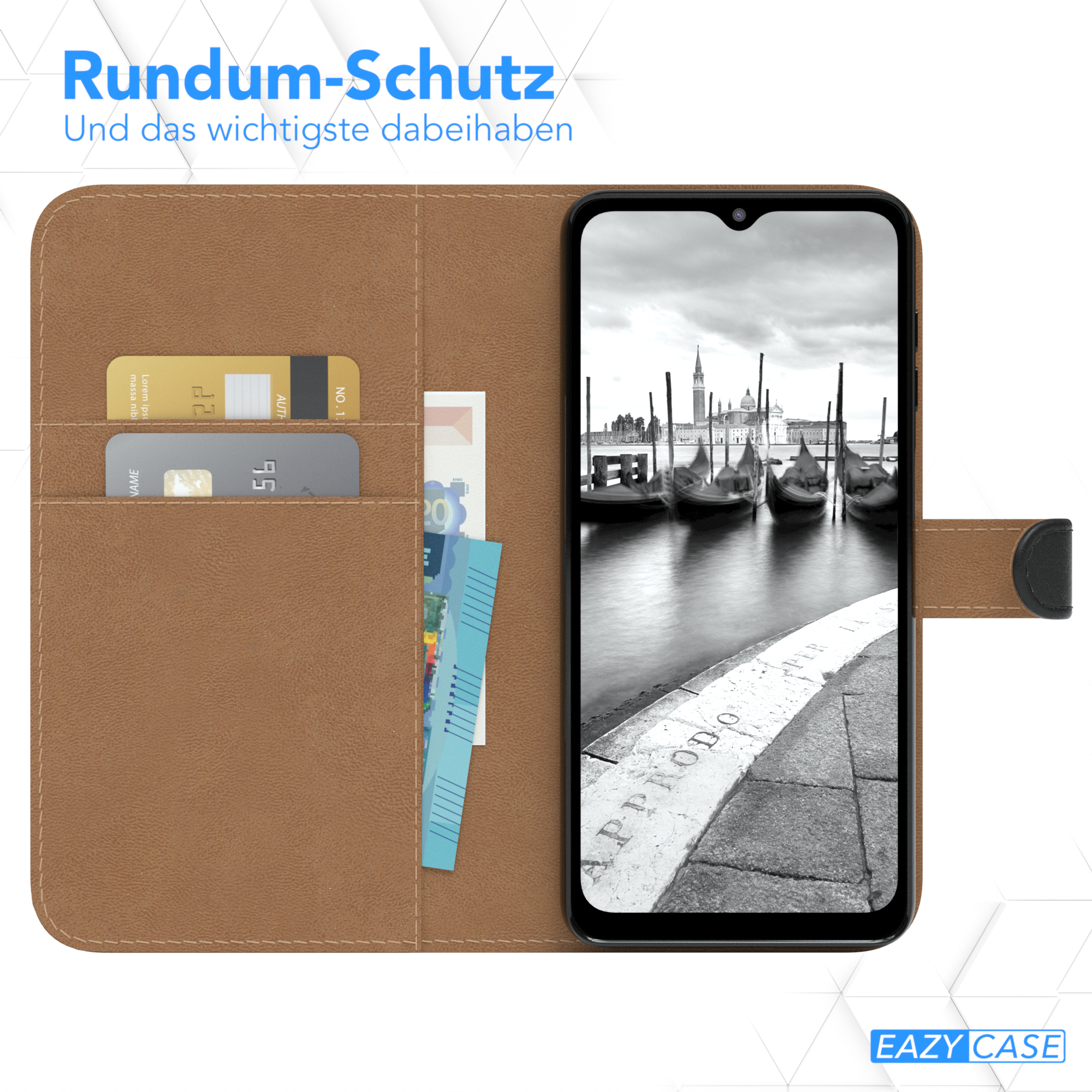 Geöffnete Handyhülle mit Telefon und Karten. Braune Lederhülle, Geld und Kreditkarte sind sichtbar.