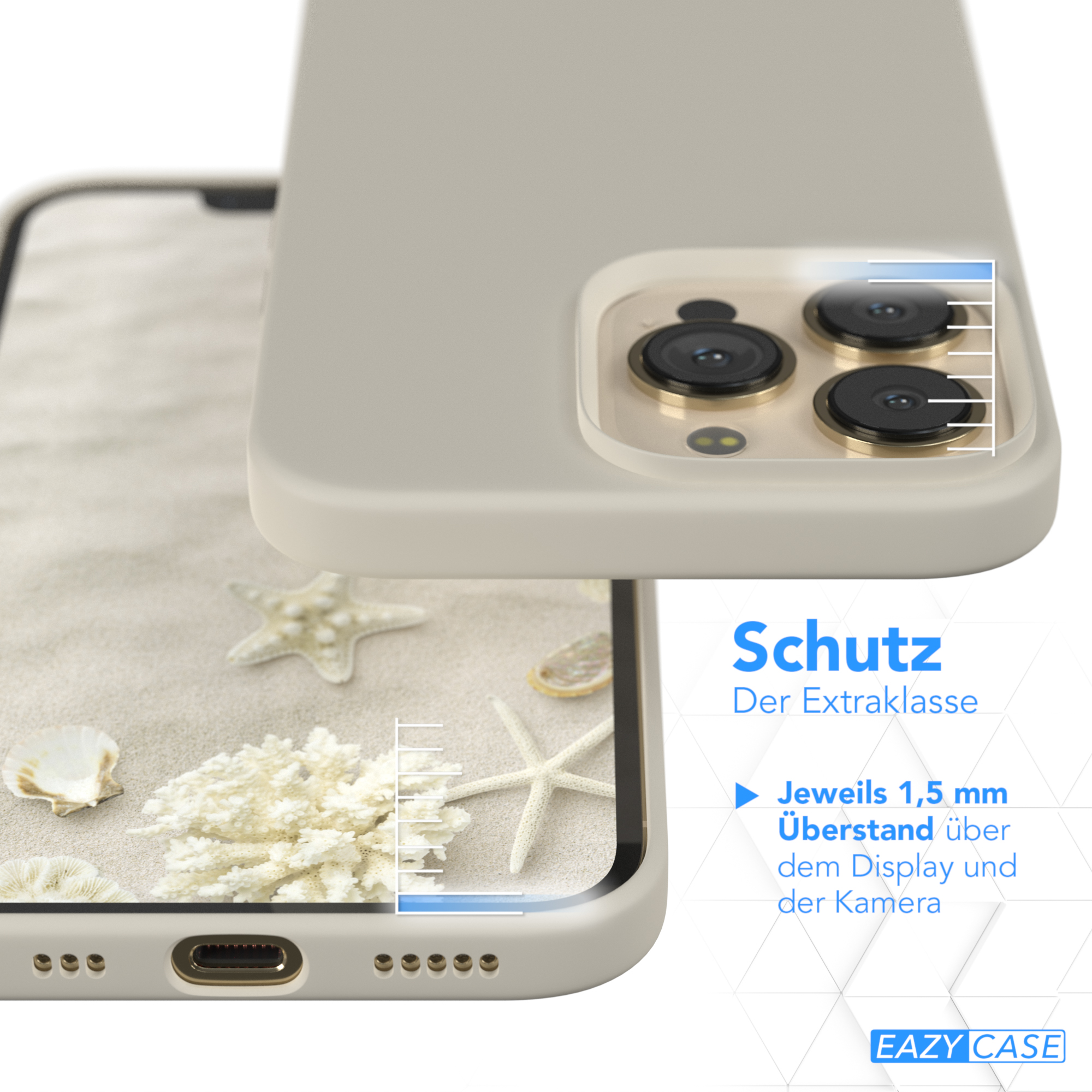 Handyhülle mit Telefon darin, Sandhintergrund mit Muscheln. Schutzfunktionen werden hervorgehoben.