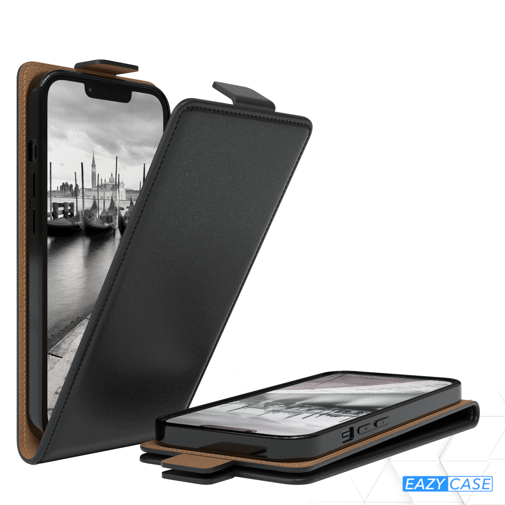 Schwarze Handyhülle mit Lederbezug. Telefonbild zeigt Schwarzweißbild einer Stadt.
