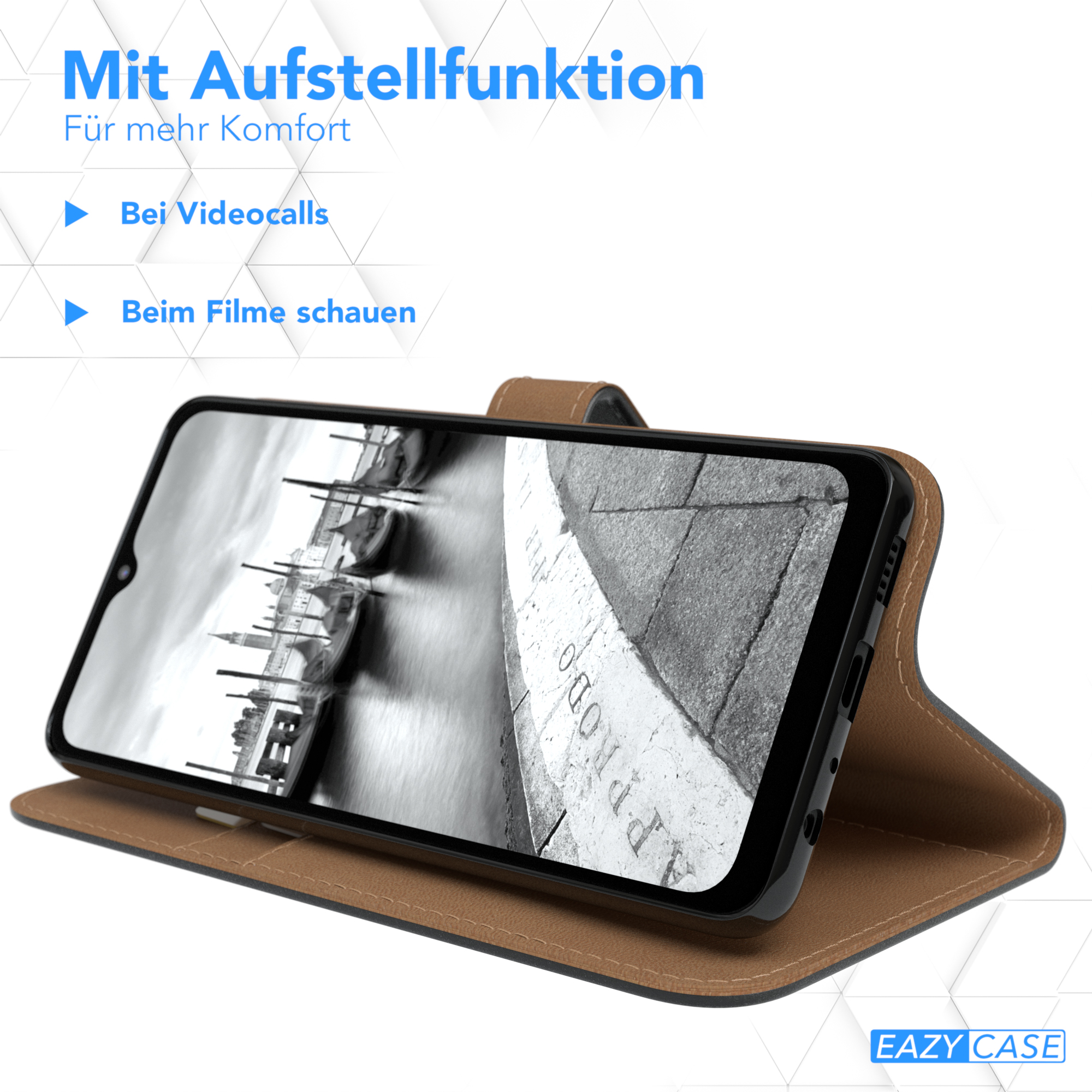 Ein Telefon in einer Brieftaschenhülle, das aufrecht steht, um den Bildschirm mit einem Schwarz-Weiß-Bild zu zeigen.