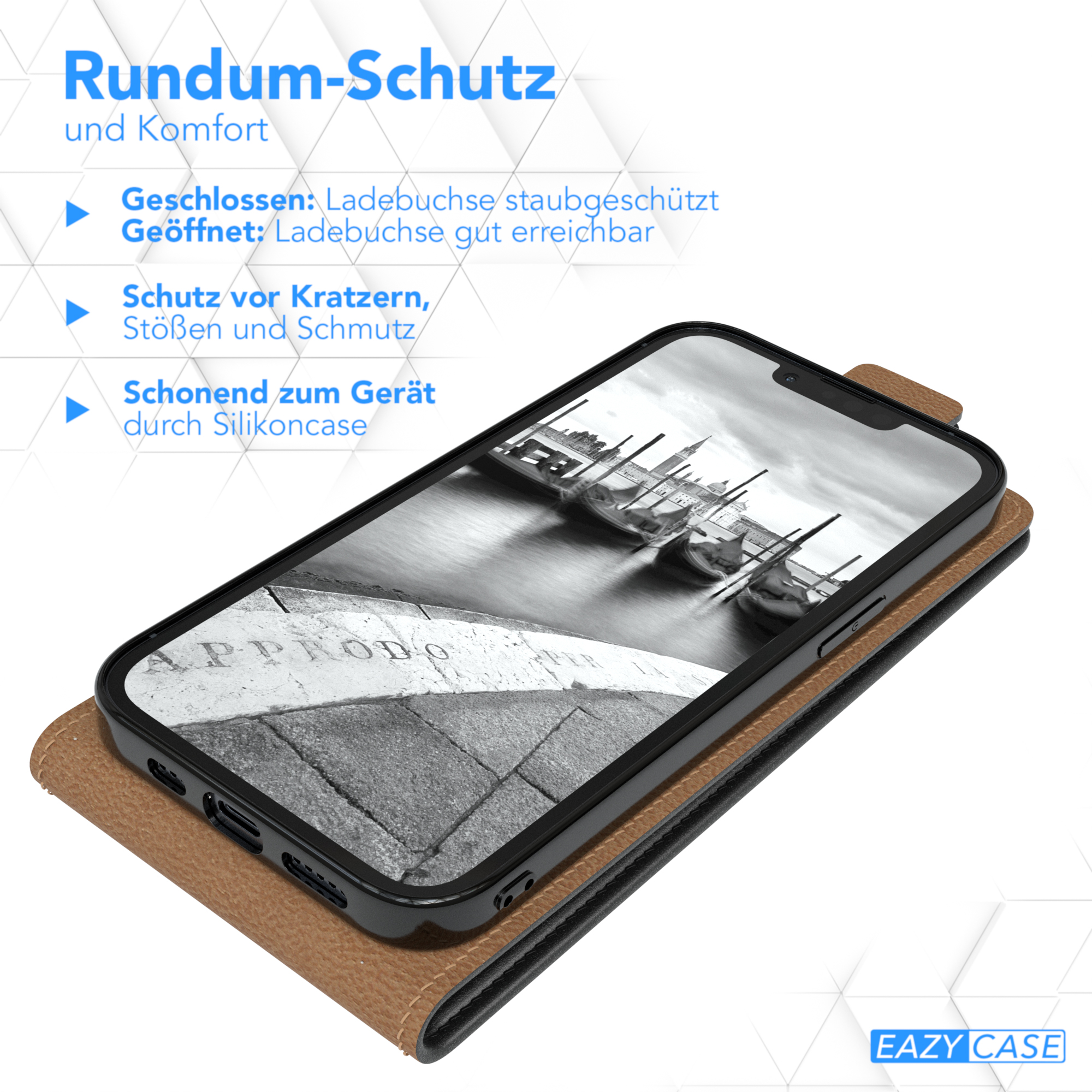 Schwarzes Telefon in brauner Lederhülle, auf brauner Oberfläche. Das Telefon zeigt Graustufenbild.