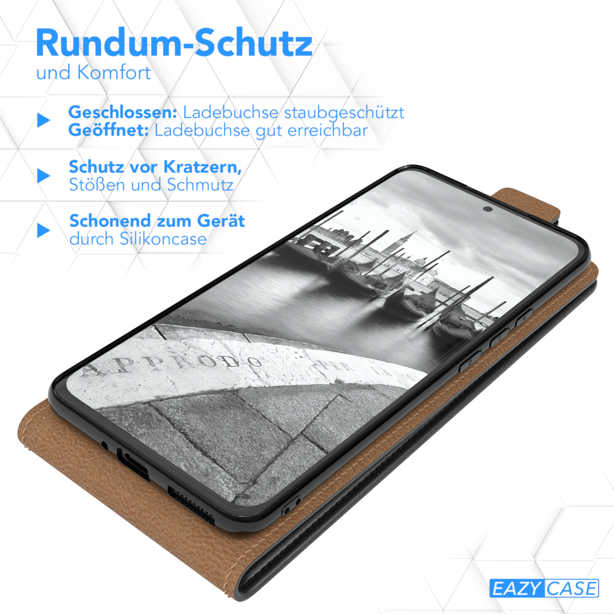 Ein Telefon in einer Hülle mit lederartiger Abdeckung. Das Telefon zeigt ein Stadtbild.
