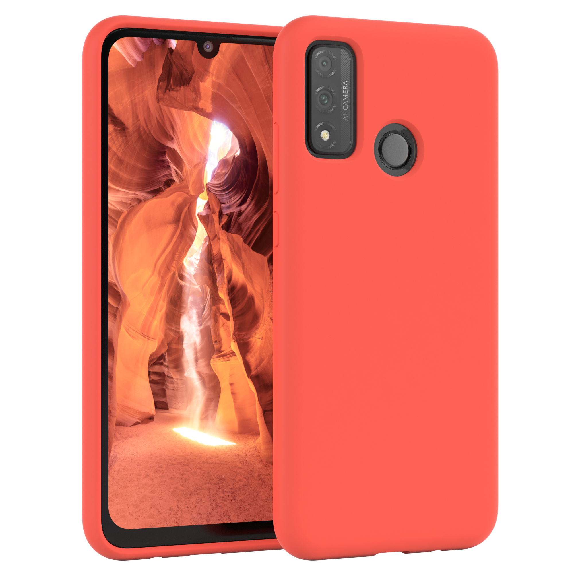 Rotes Telefon in einer roten Hülle. Das Telefon befindet sich auf der linken Seite des Bildes.