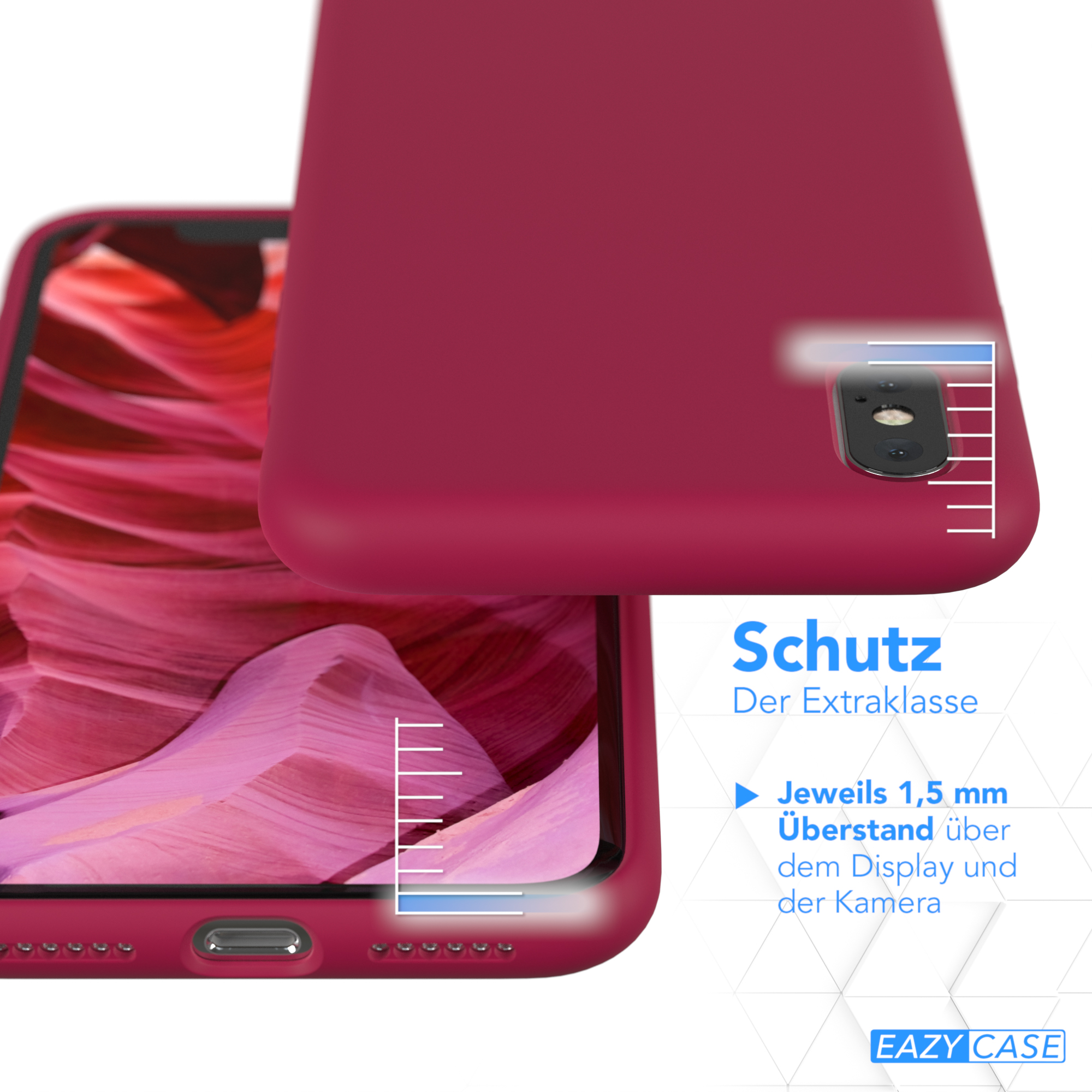 Rote Handyhülle mit Telefon. Schützt Display und Kamera.