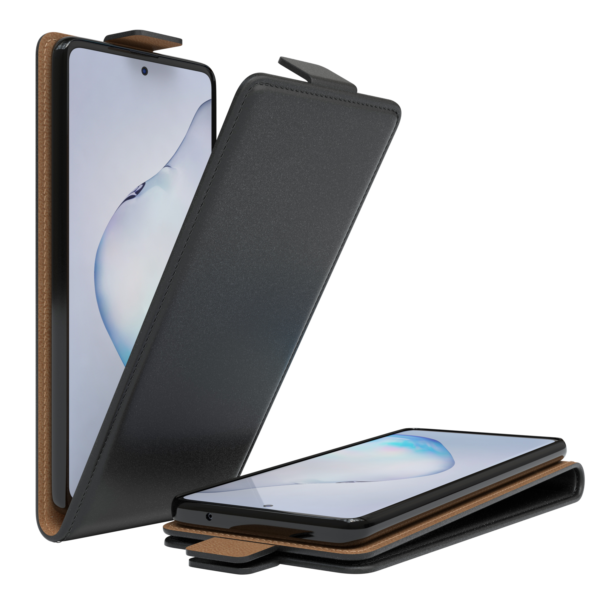 Eine schwarze Handyhülle mit braunem Innenraum. Das Telefon befindet sich darin. Die Hülle ist geöffnet.
