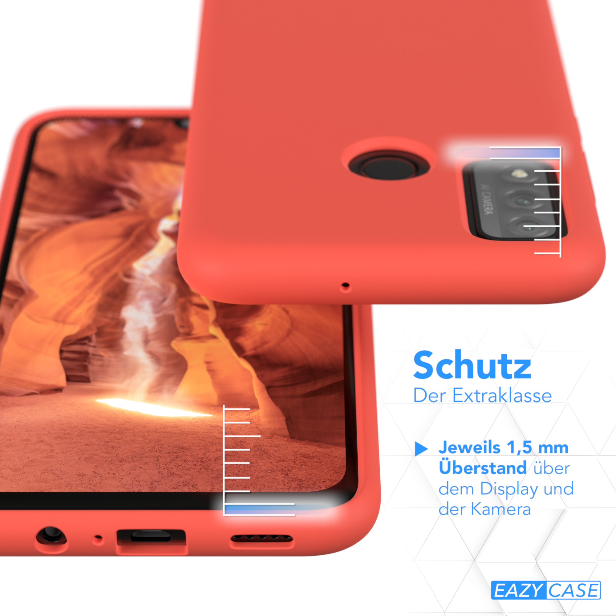 Eine orangefarbene Handyhülle mit einem Telefon darin, mit einer schützenden Kante. Text: Schutz Der Extraklasse.