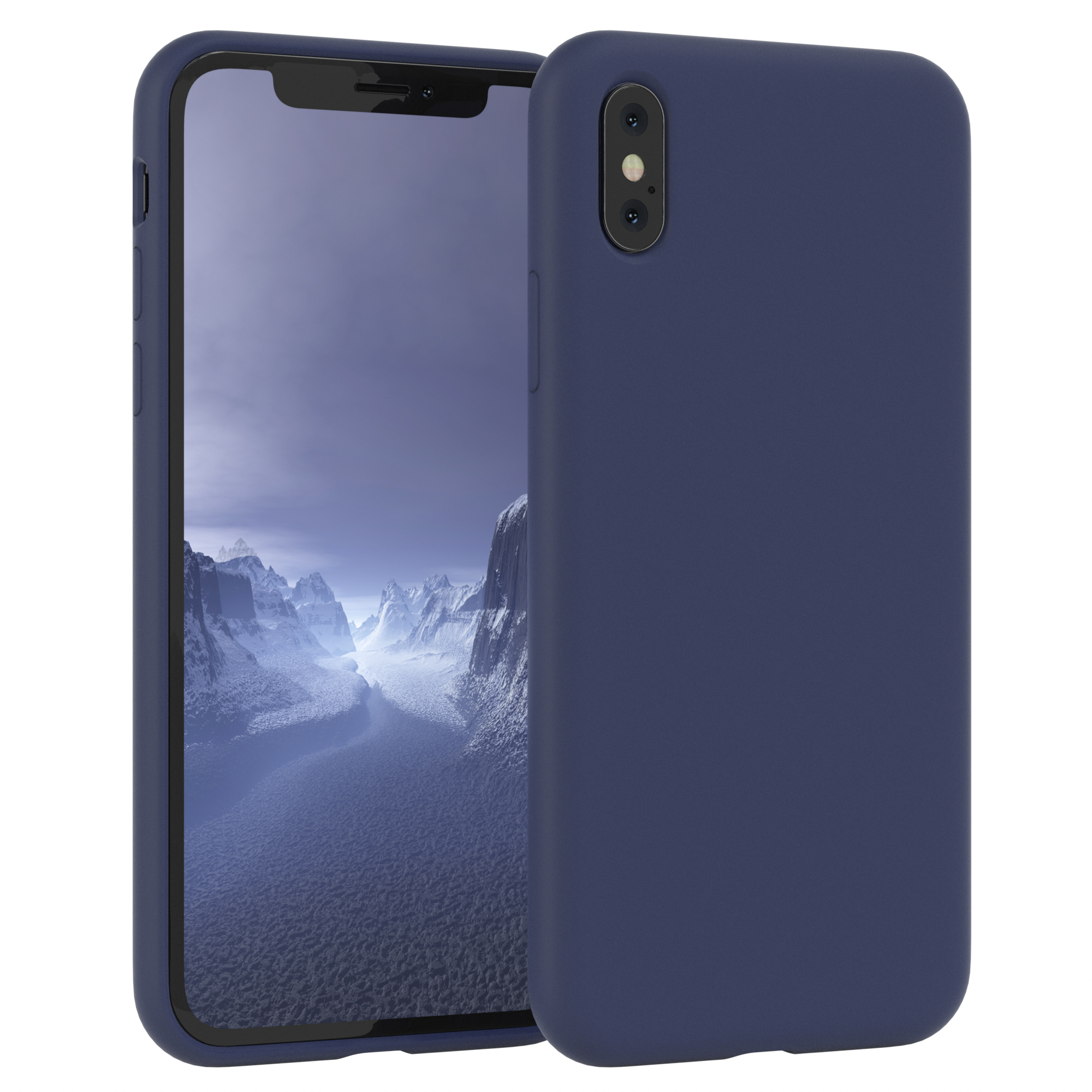 Marineblaue Handyhülle auf Telefon. Hintergrund zeigt eine Berglandschaft.