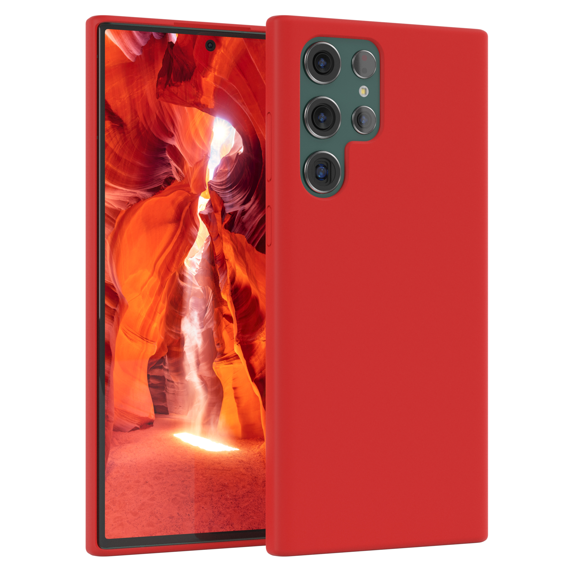 Ein rotes Telefon in einer roten Hülle. Weißer Hintergrund.