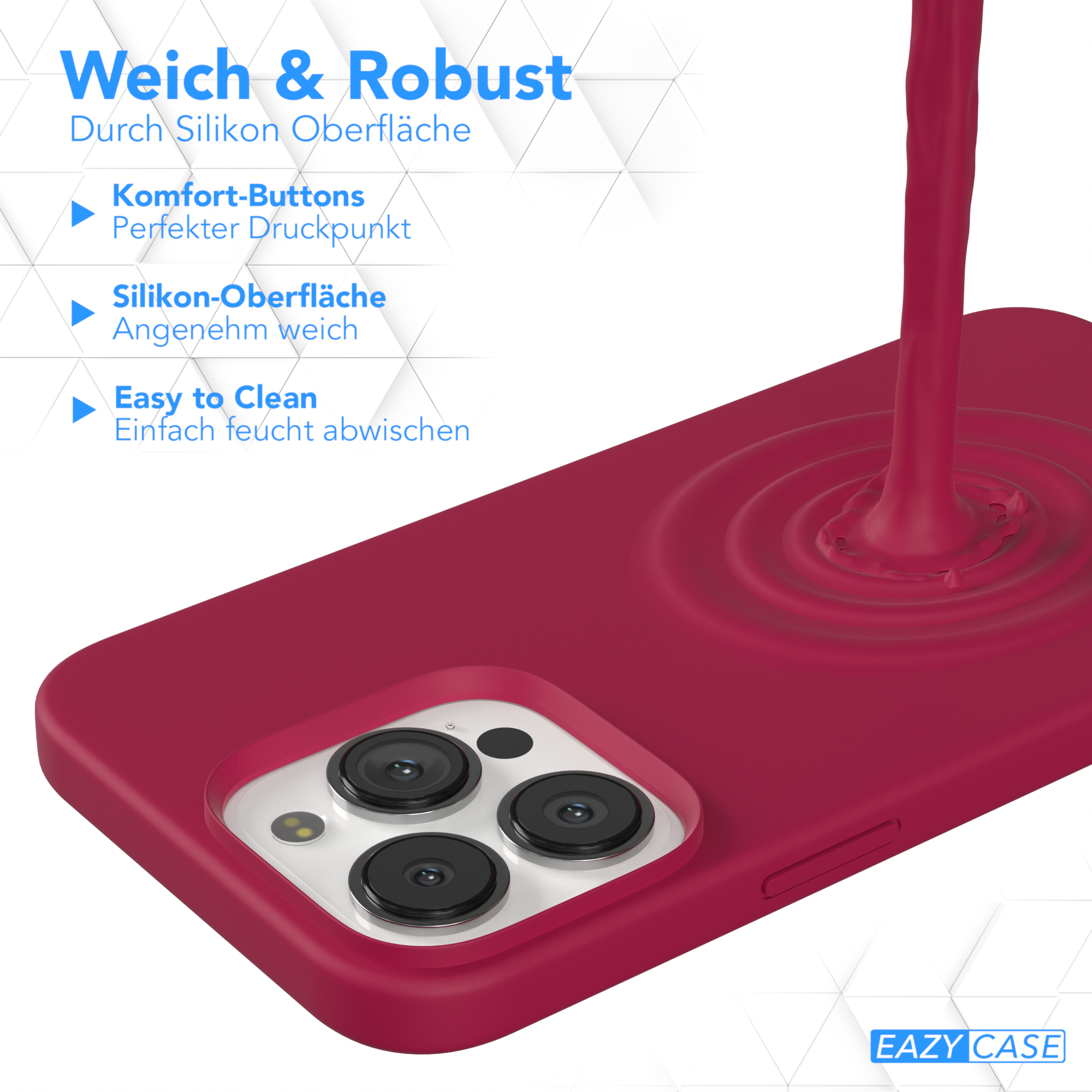 Eine rote Handyhülle mit Komfort-Buttons und Silikonoberfläche, mit Flüssigkeit.