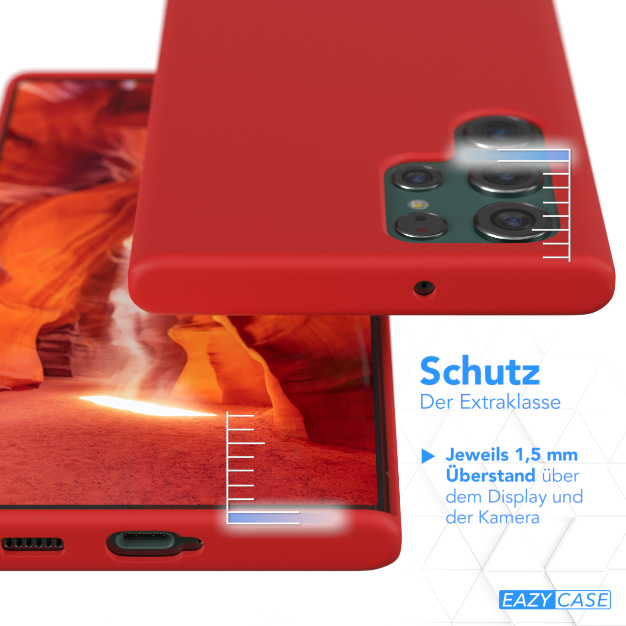 Rote Handyhülle auf einem Telefon. Text: Schutz. Details zum Bildschirmschutz.