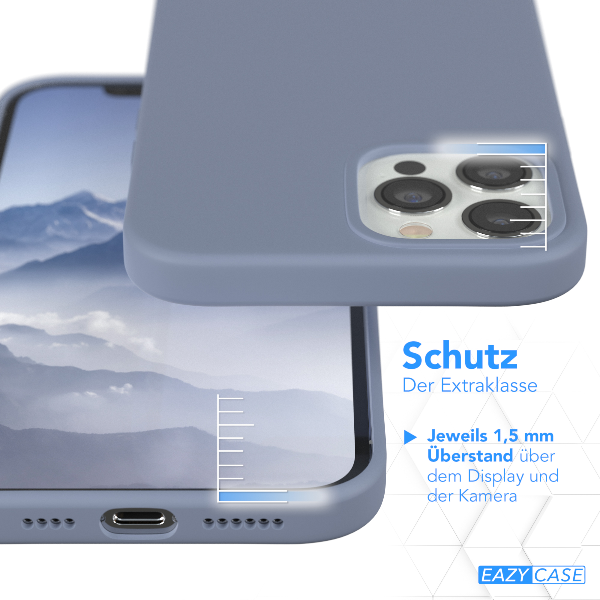 Blaue Handyhülle mit Bild. Eine weitere Hülle ist darüber. Text über den Schutz.