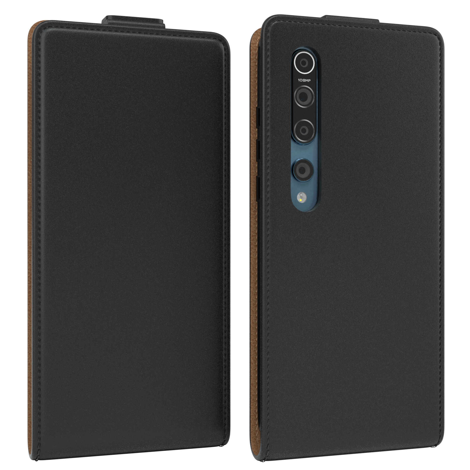 Telefon in schwarzem Case, links offen, rechts geschlossen. Braunes Leder.