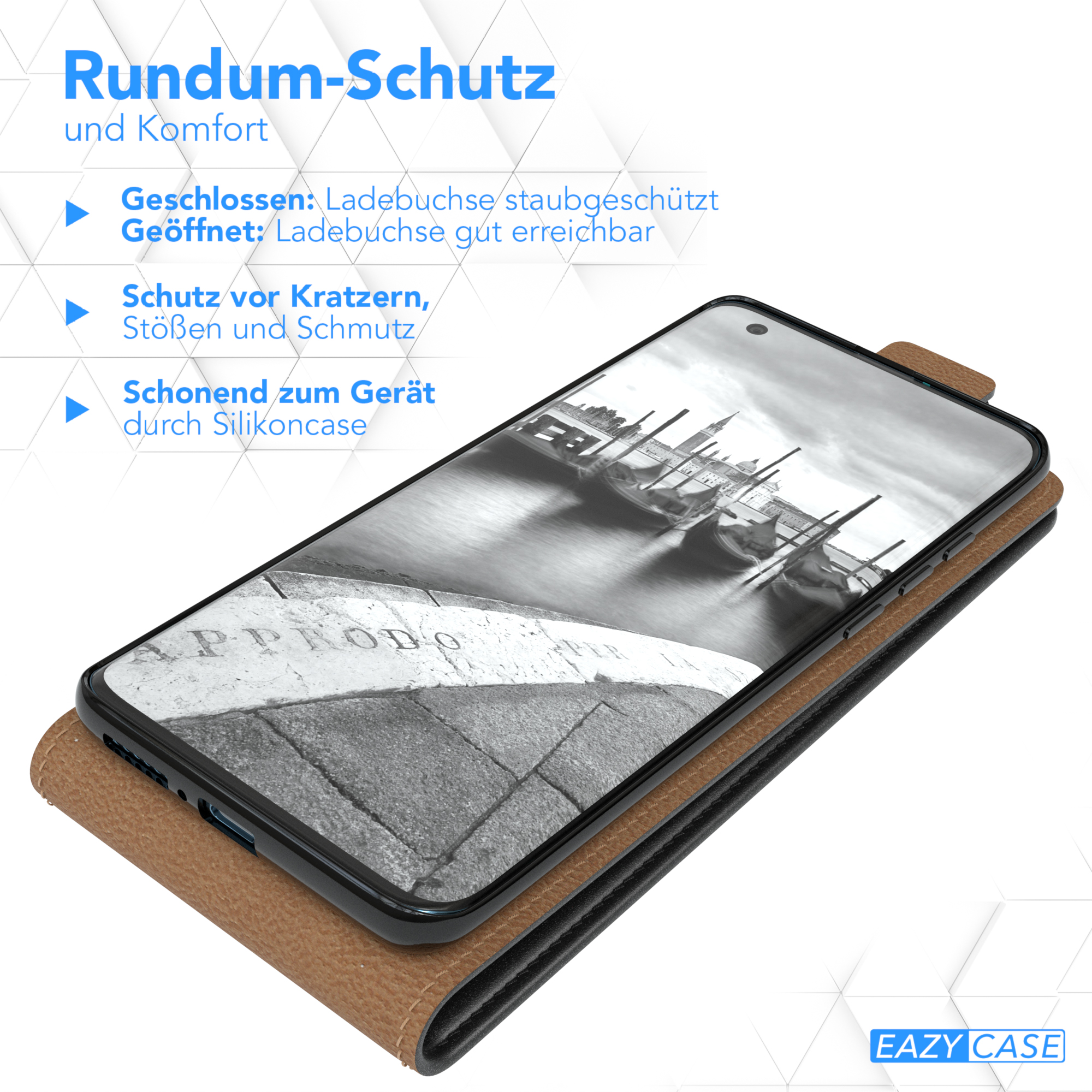 Handyhülle mit einem Telefon darin, zeigt Informationen zum Schutz.