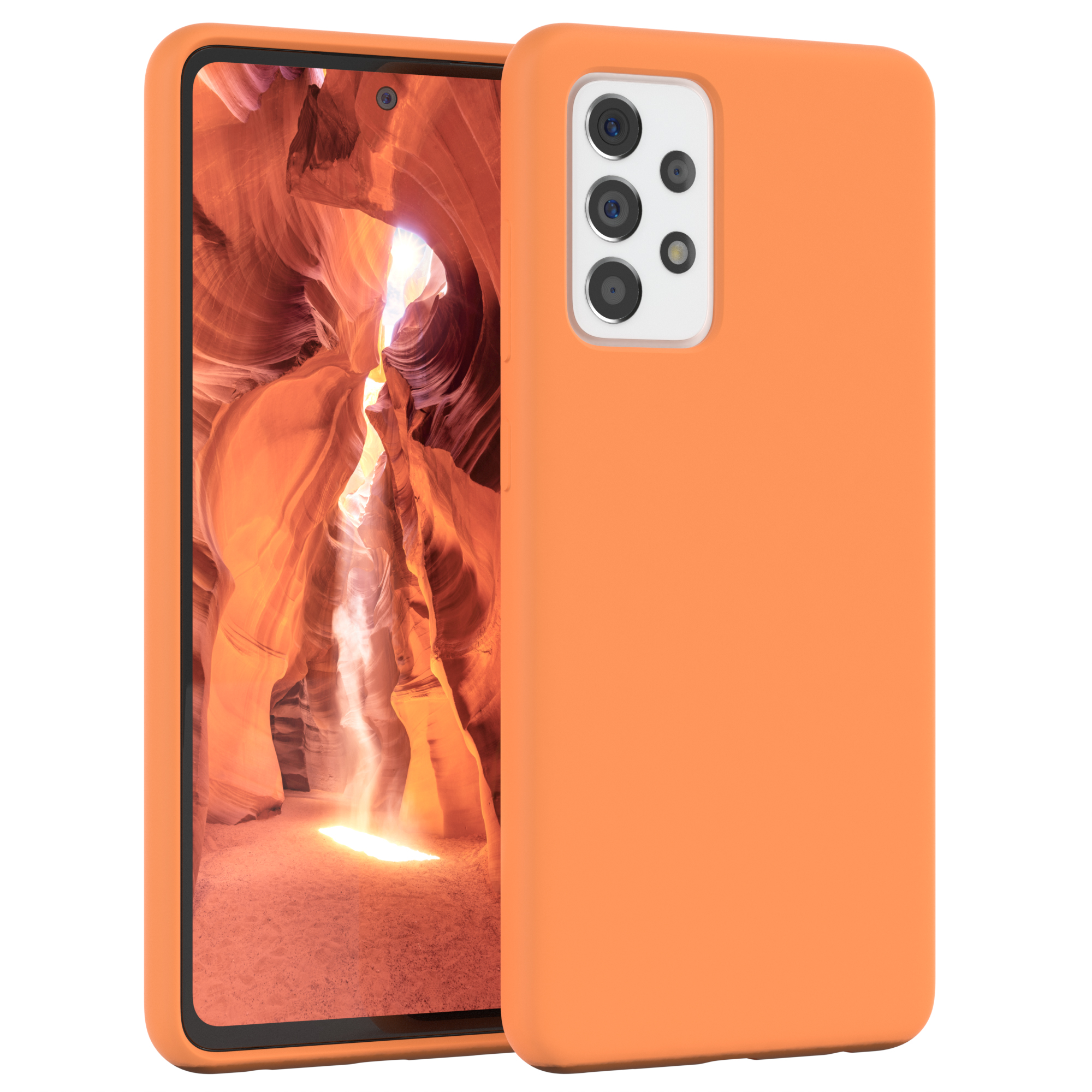 Oranges Telefon mit orangefarbener Hülle. Der Bildschirm zeigt einen Canyon. Der Hintergrund ist ein Canyon mit Sonnenlicht.