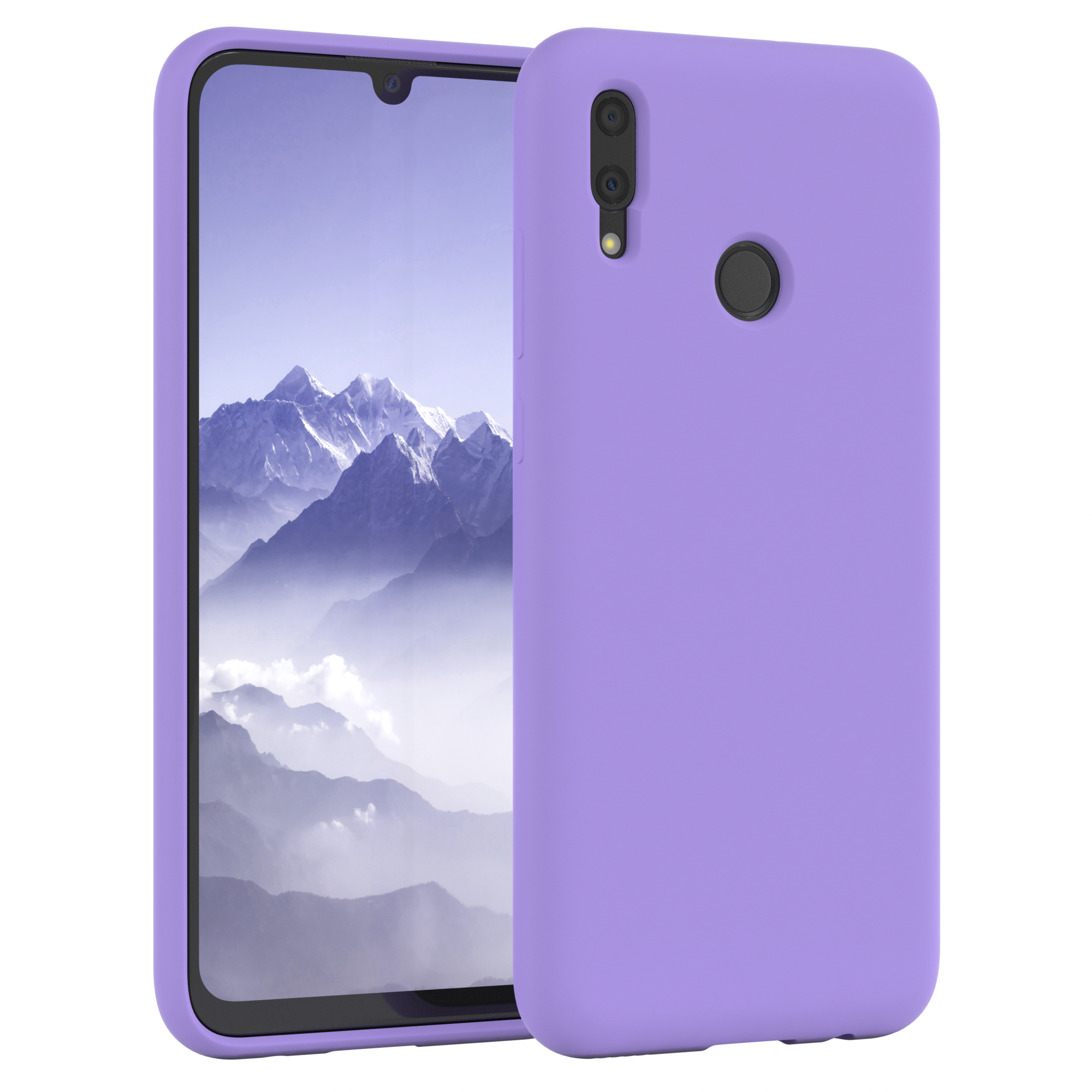 Lila Telefon mit lila Hülle. Der Bildschirm ist an. Der Hintergrund ist weiß.