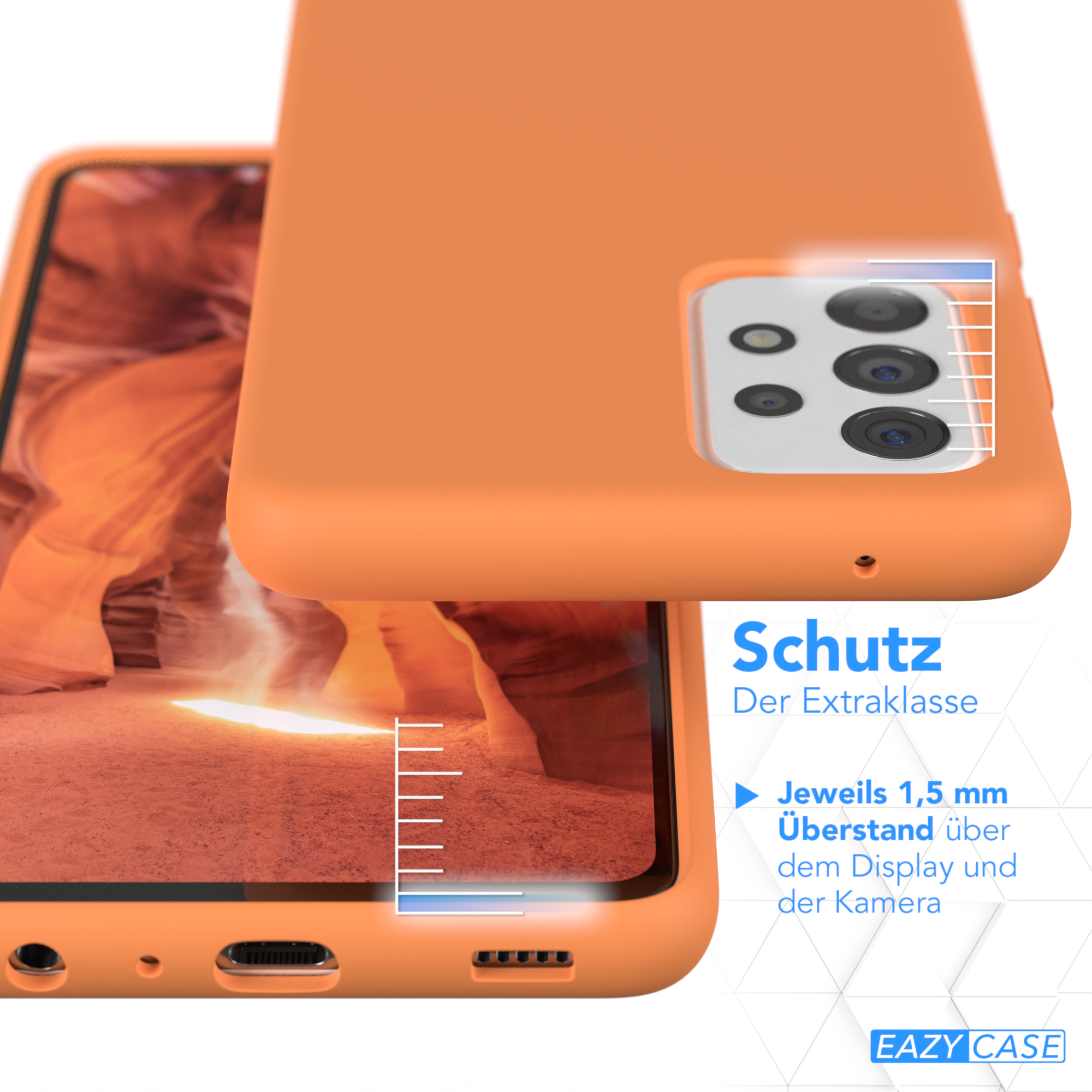 Orange Handyhülle mit Telefon, weiße Linien zeigen die erhöhten Kanten zum Schutz.