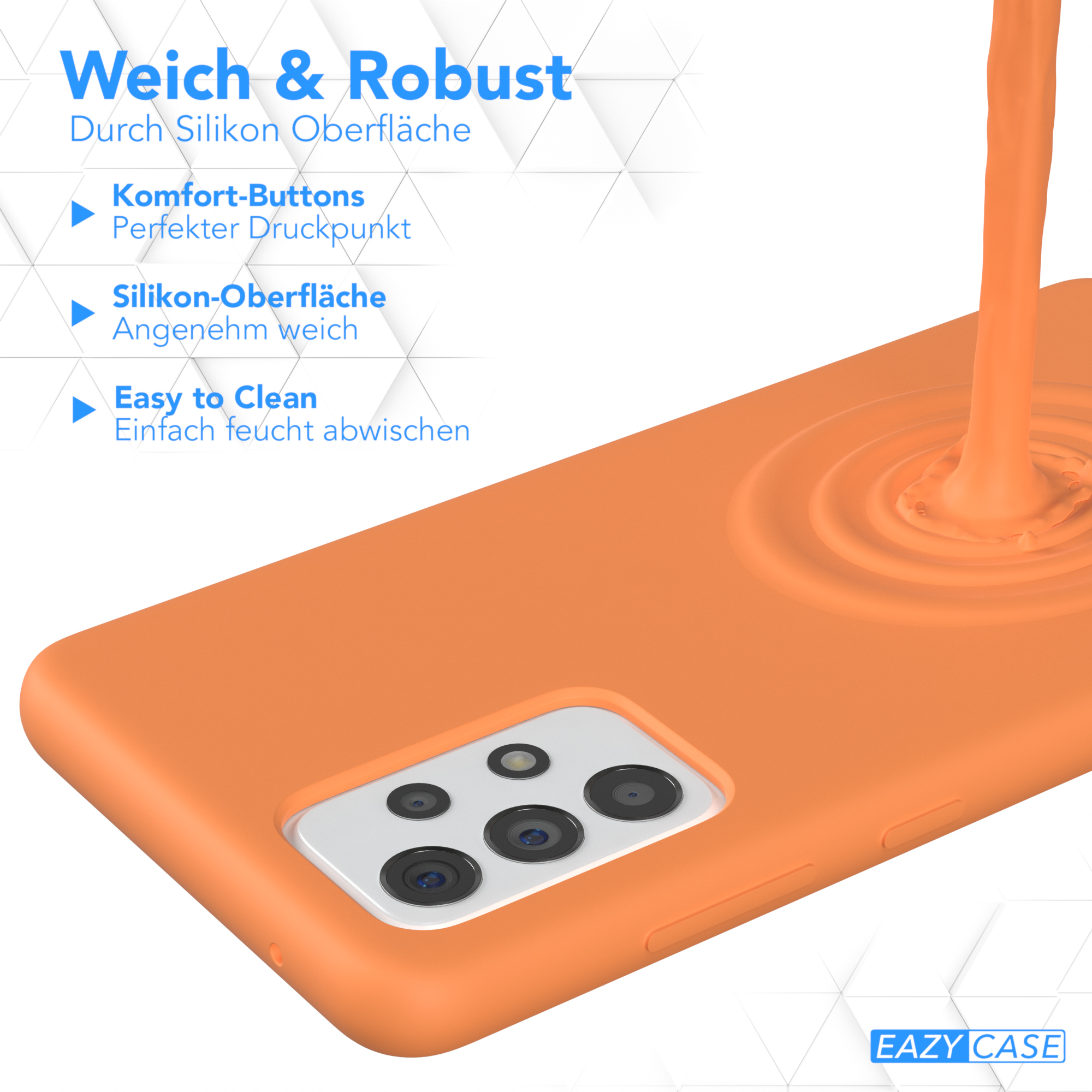 Orange Handyhülle mit Flüssigkeit, die darauf gegossen wird, zeigt Silikonoberflächendetails.