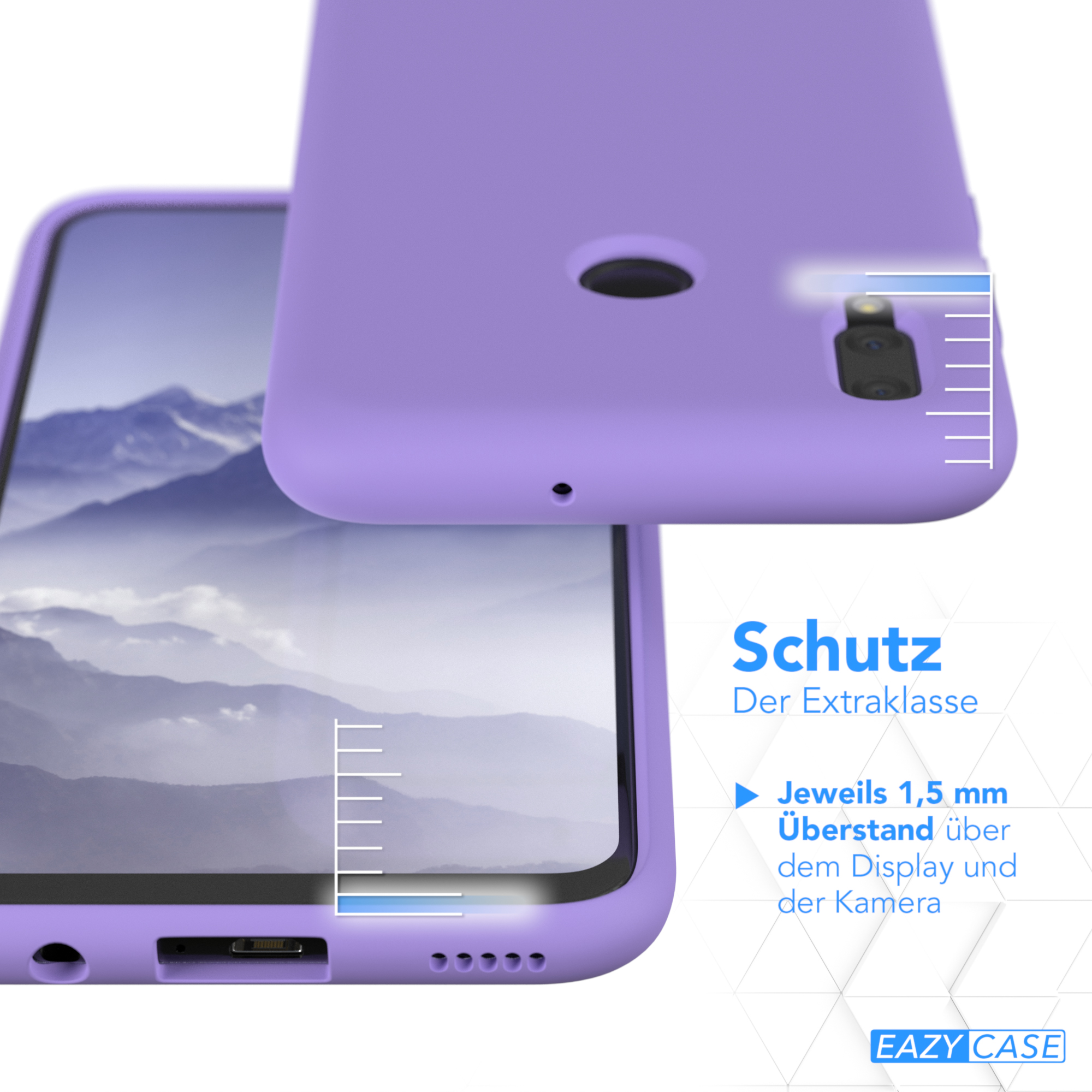 Telefon in lila Hülle. Text: Extraschutz, 1,5 mm Display und Kamera.