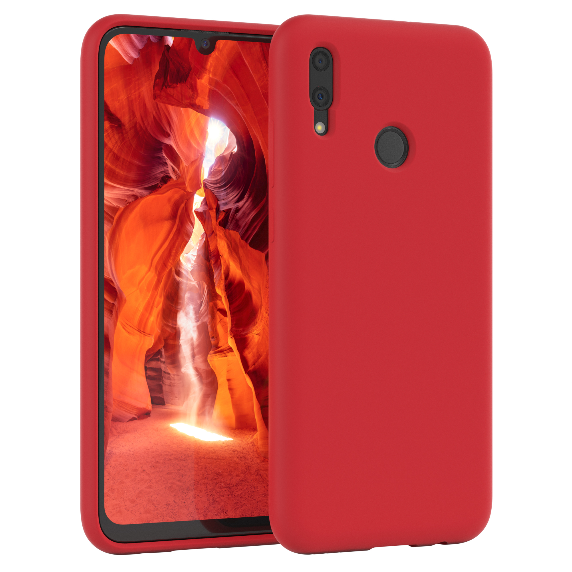Rote Handyhülle mit einem Telefon, das einen Canyon zeigt.