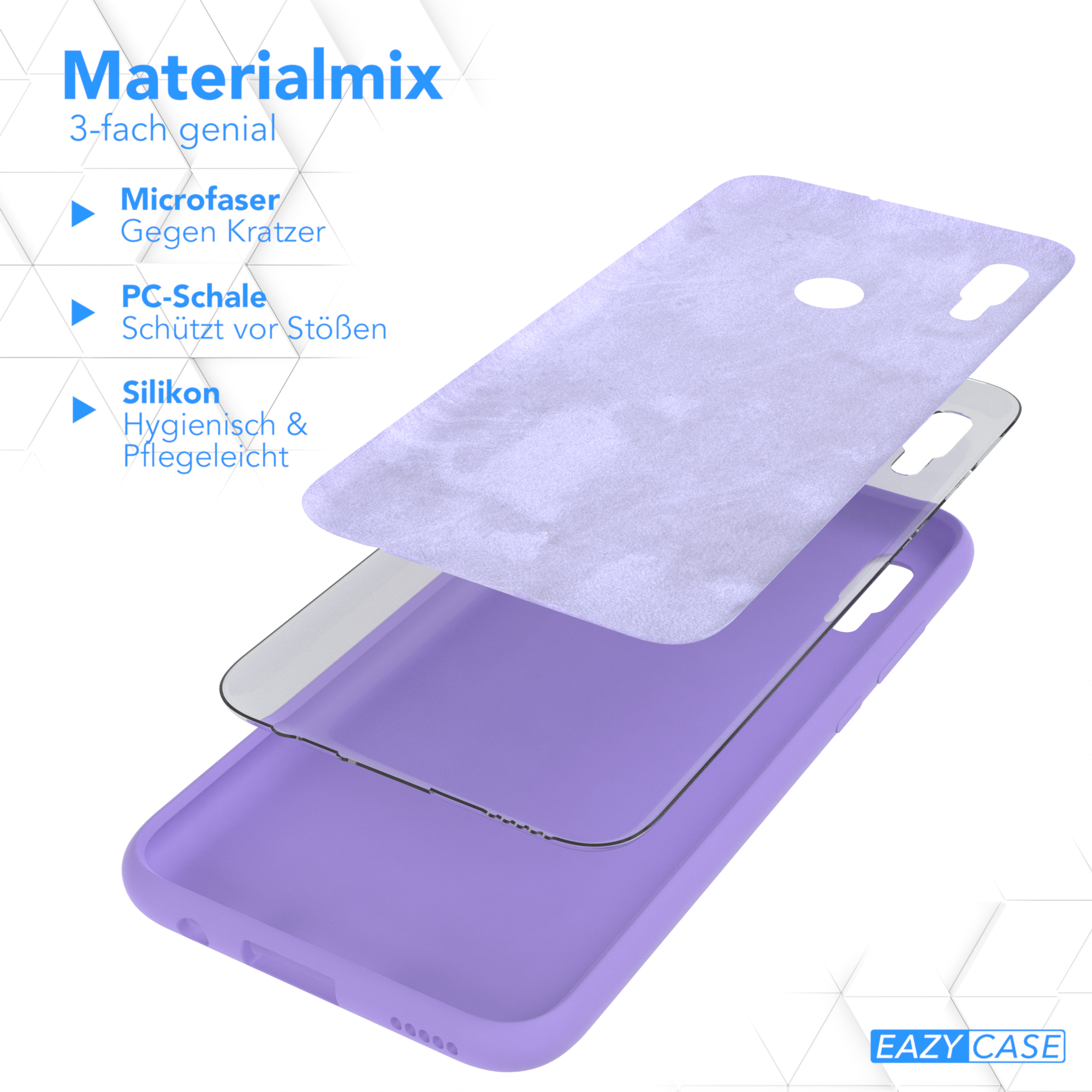 Handyhüllen-Schichten: Mikrofaser, PC-Schale und Silikon. Text: Materialmix, 3-fach genial.