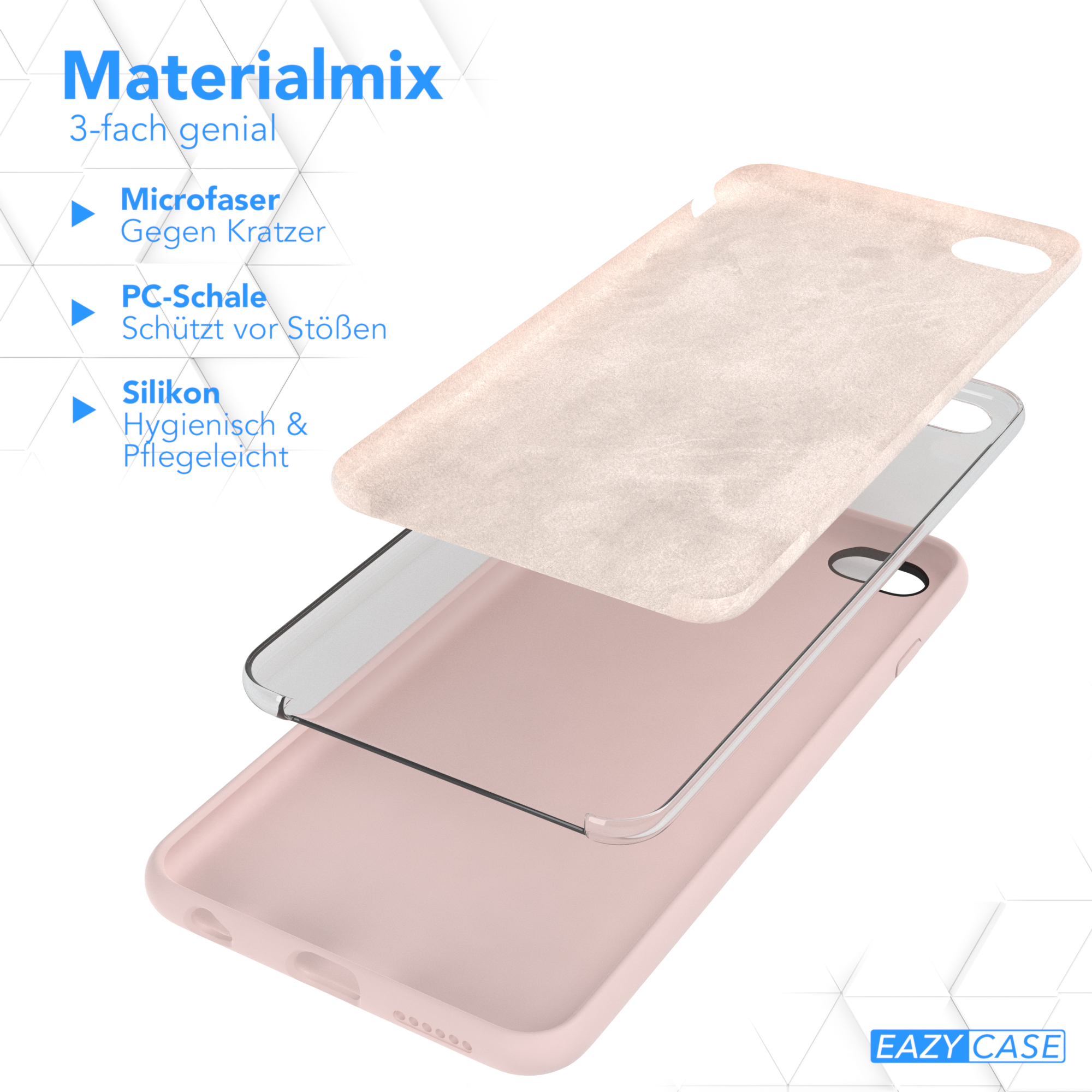 Eine Explosionsansicht einer Handyhülle. Schichten aus Mikrofaser, PC-Schale und Silikon.