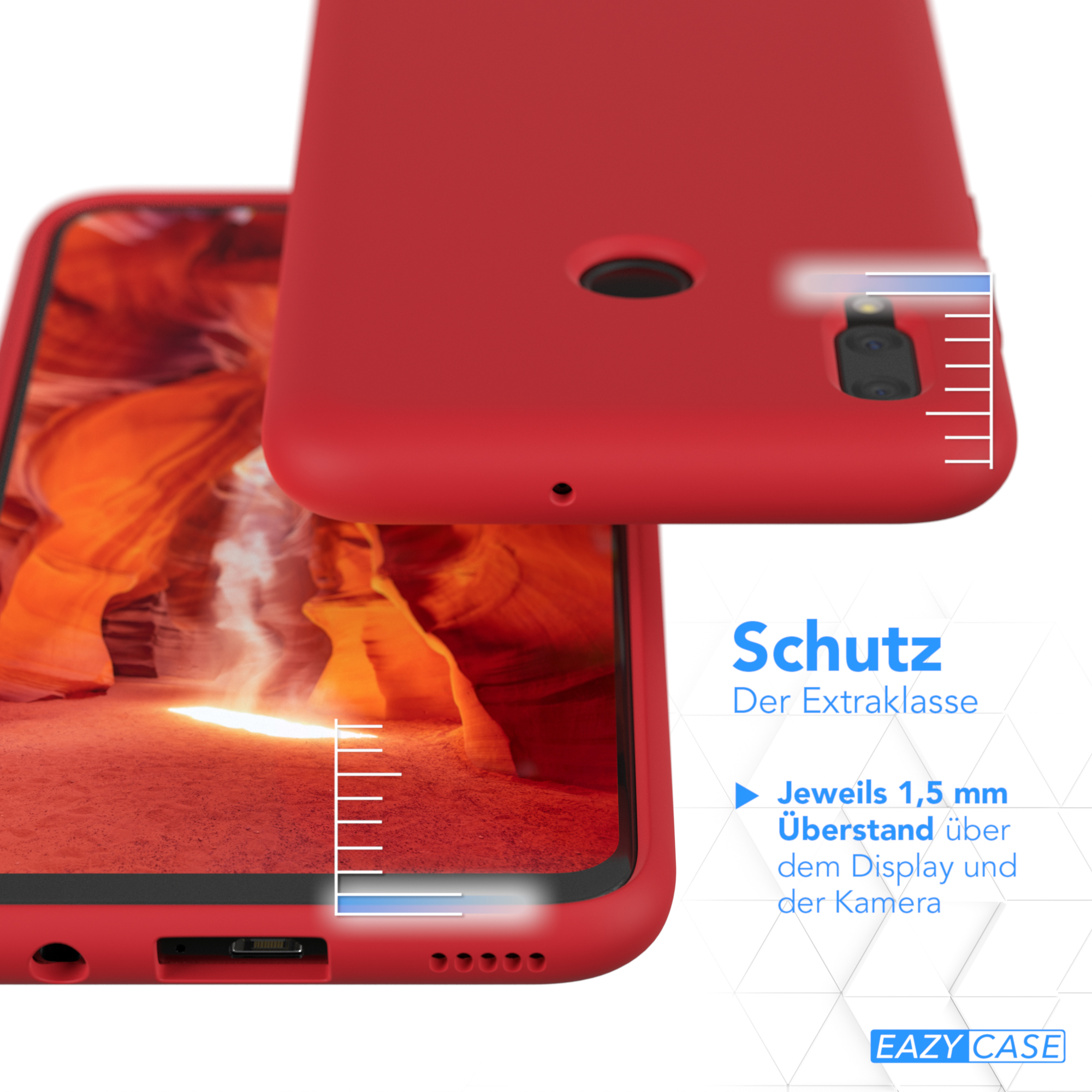 Rote Handyhülle, mit einem Lineal, das die erhöhten Kanten zeigt. Text: Schutz, Der Extraklasse.