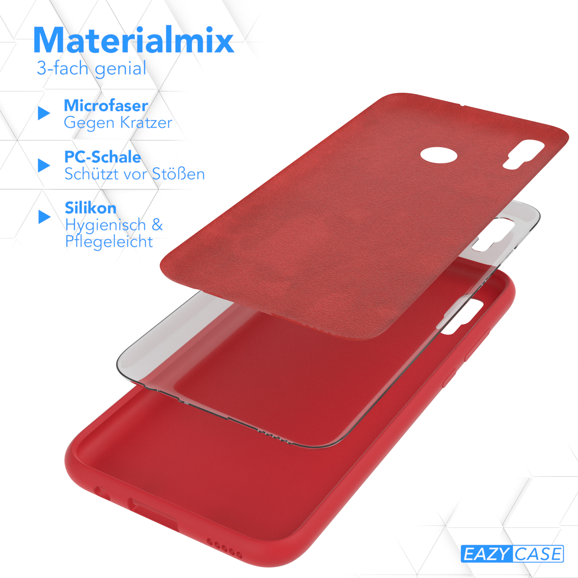 Eine zerlegte Handyhülle mit Schichten aus Mikrofaser, PC-Schale und Silikon. Text: Materialmix.