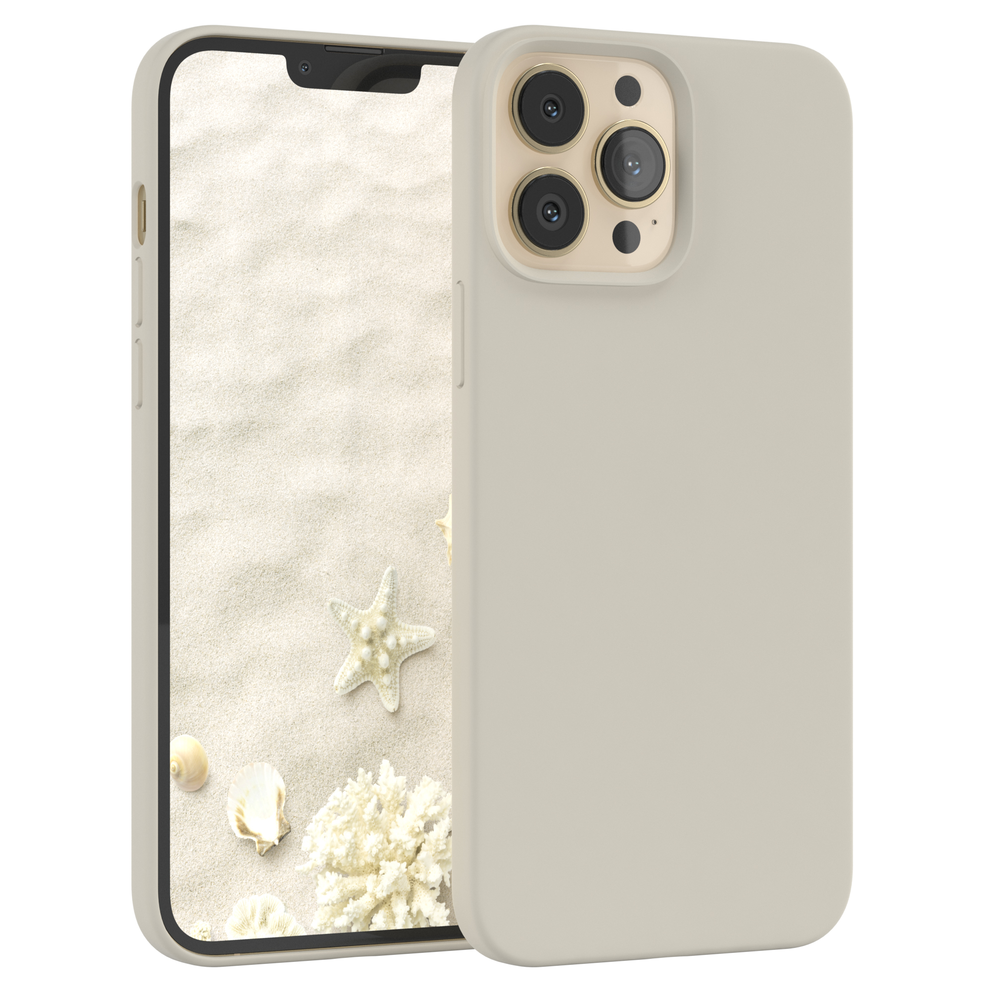 Beige Handyhülle mit einem Telefon, das eine Strandszene mit Muscheln und Seesternen zeigt.