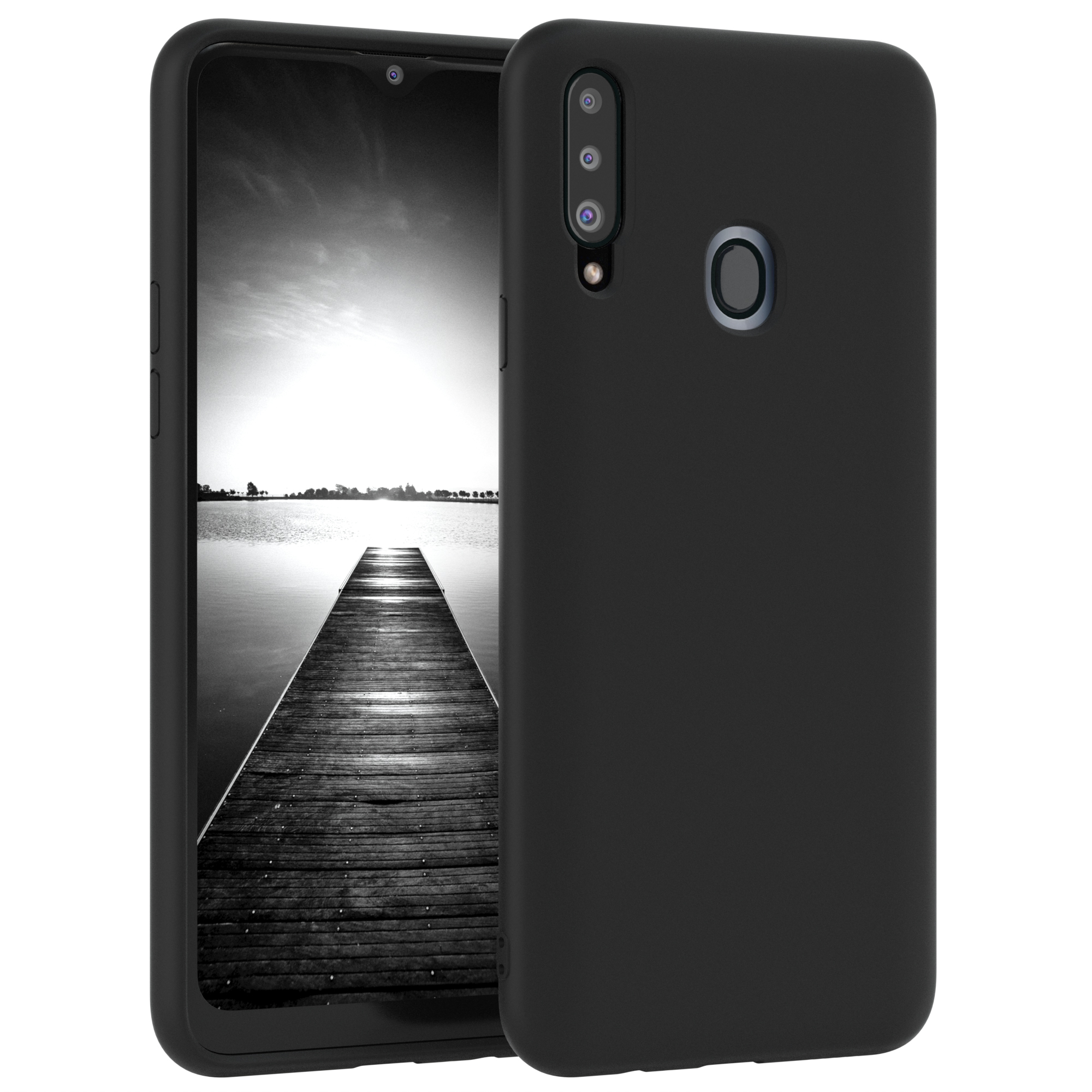 Schwarze Handyhülle mit Telefon, das ein Schwarz-Weiß-Bild auf dem Bildschirm zeigt. Weißer Hintergrund.