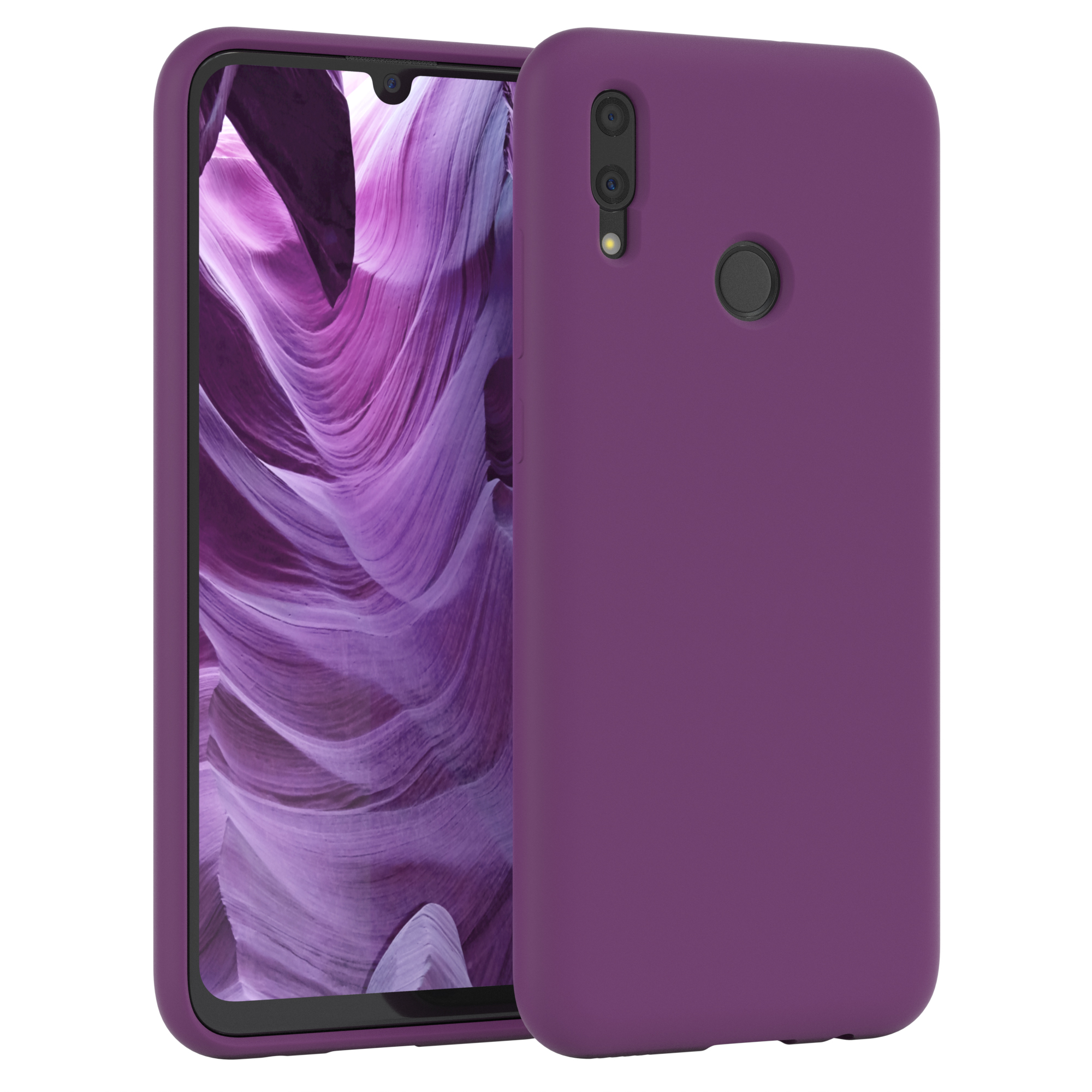 Ein lila Telefon in einer lila Hülle. Der Bildschirm zeigt eine Felsformation.