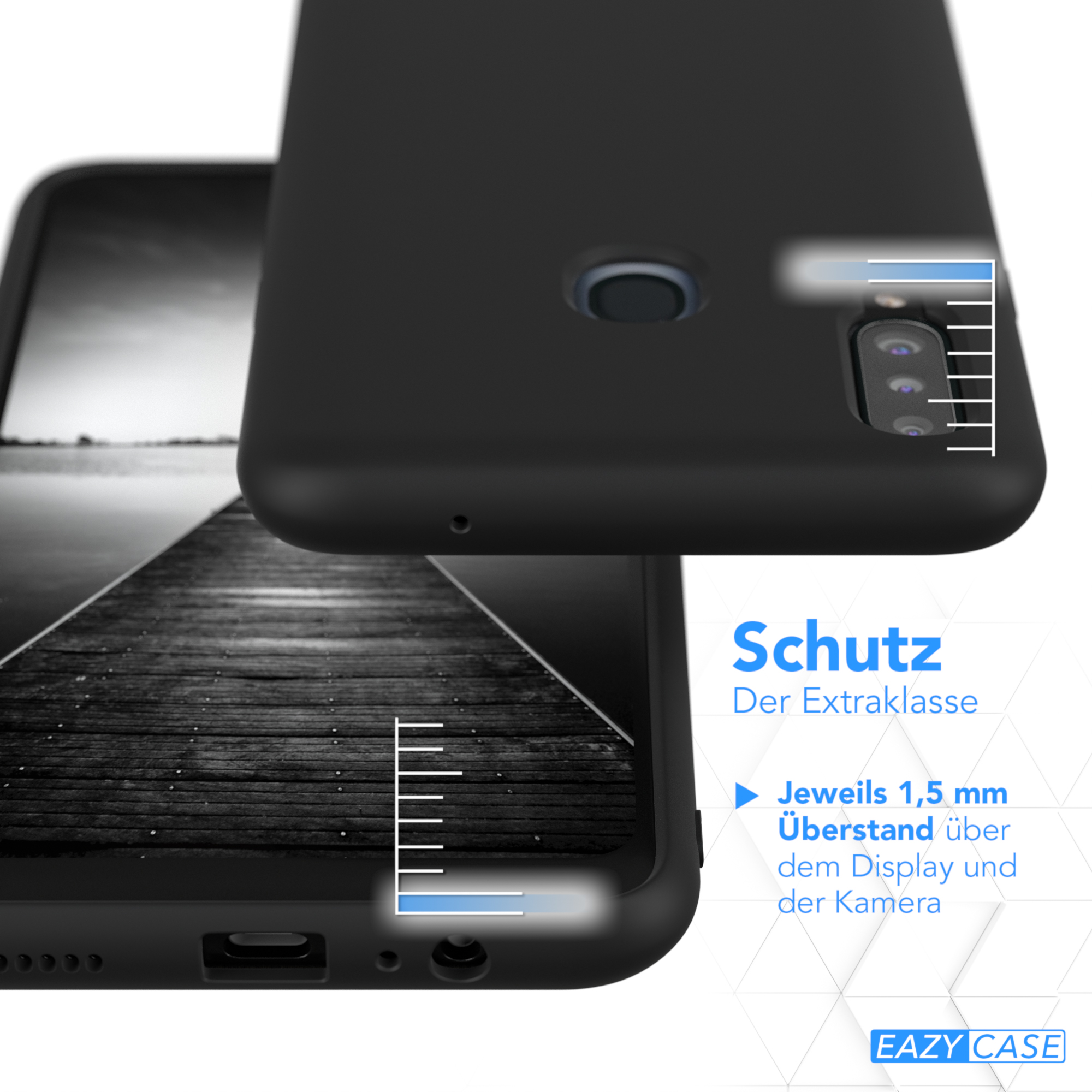 Nahaufnahme einer schwarzen Handyhülle mit Aussparungen und strukturierter Oberfläche. Sie schützt das Telefon.
