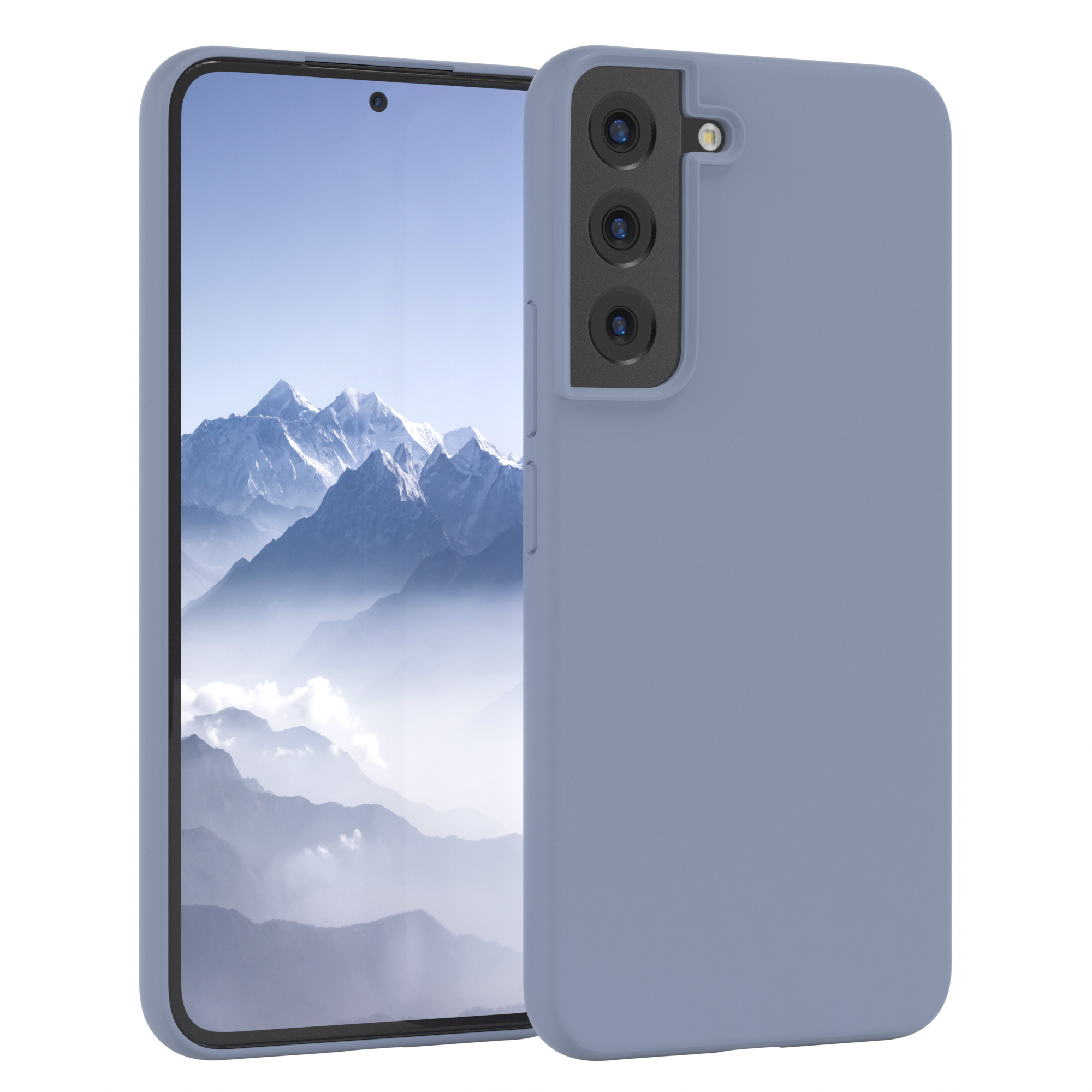 Hellblaue Handyhülle neben einem Telefon. Der Bildschirm zeigt ein blaues und weißes Design.