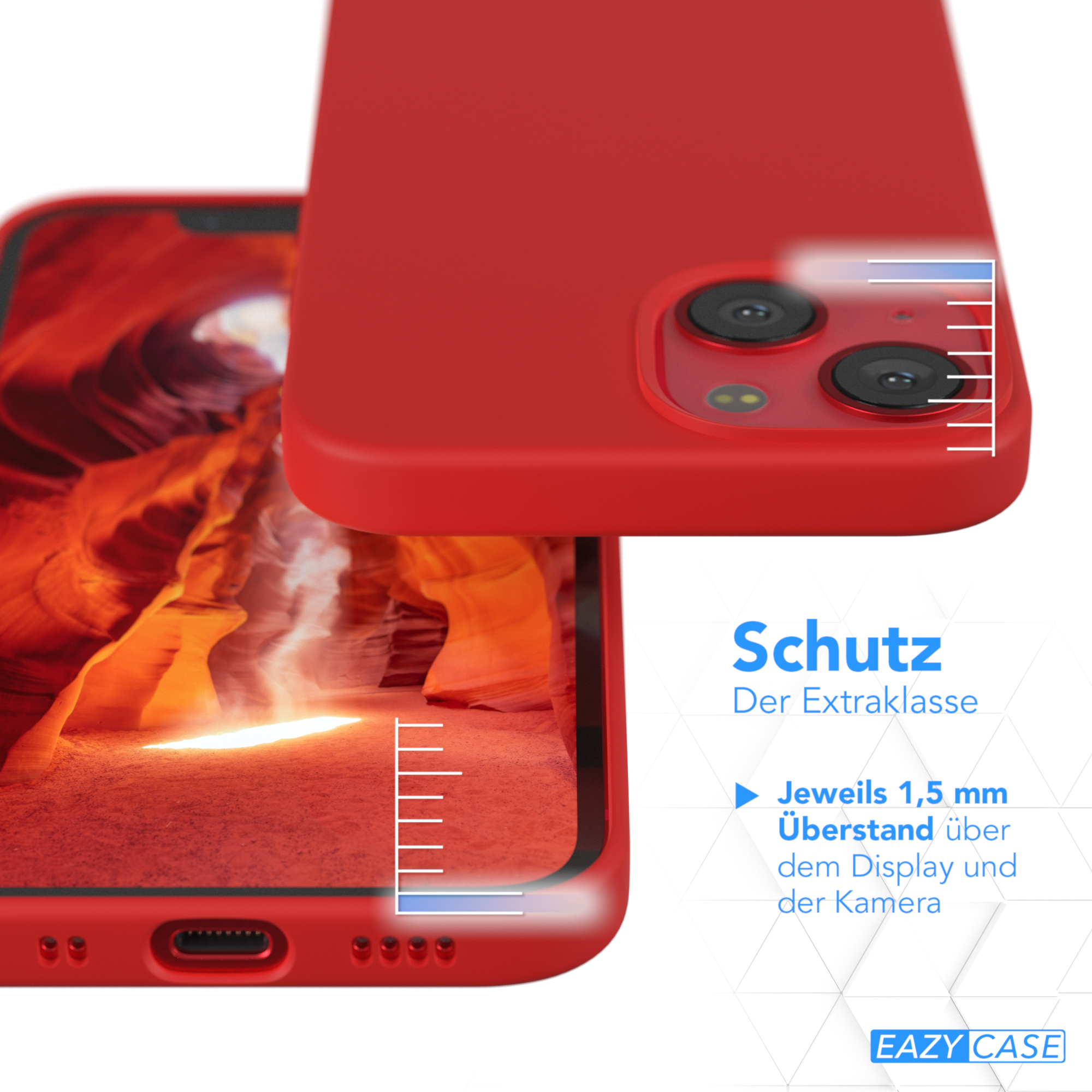 Rotes Telefon in einer Hülle, Rückseite sichtbar. Text über Schutz und Extraklasse.