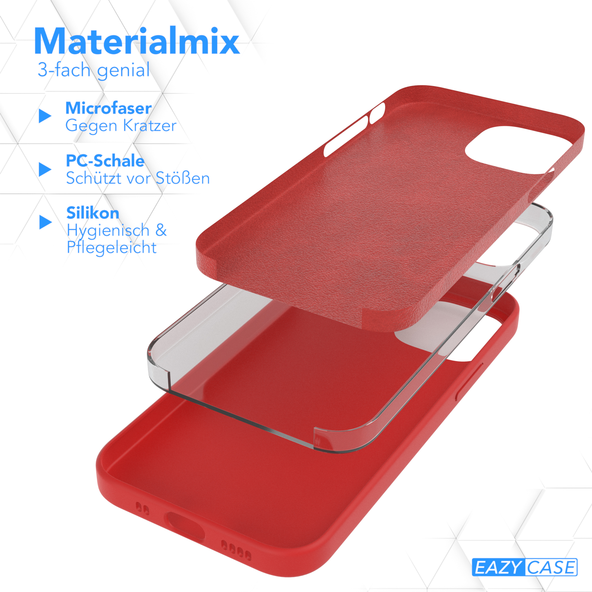 Handyhüllen-Komponenten: roter Deckel, klarer Mittelteil, roter Boden. Text: Materialmix, 3-fach genial.