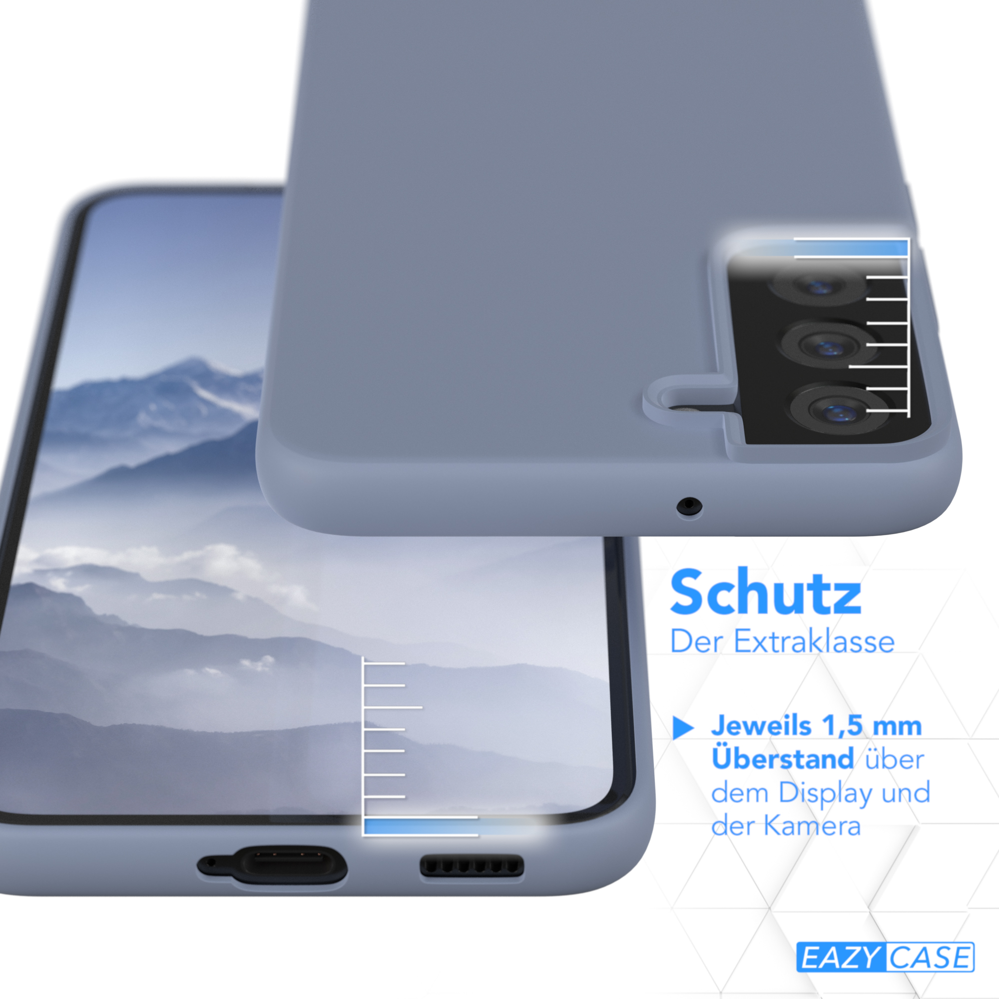 Eine blaue Handyhülle über einem Telefon, die den Kamerabereich und die Schutzkanten zeigt.